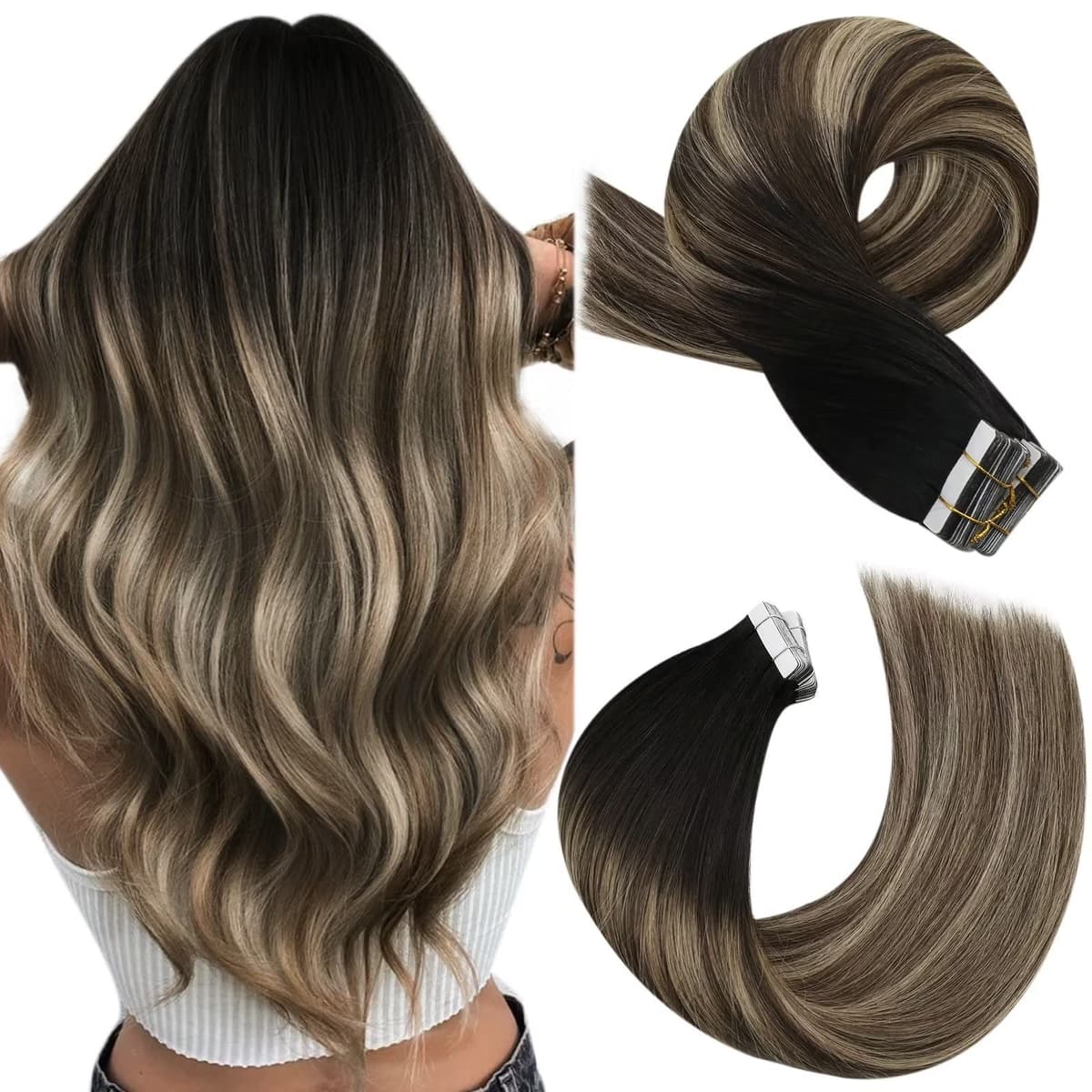 Moresoo Tape in Human Hair Extensions 20 Inch Highlight 50g/20pcs Tape in Hair Extensions Human Hair Ash Blonde with Platinum Blonde #P18/613 — view 18