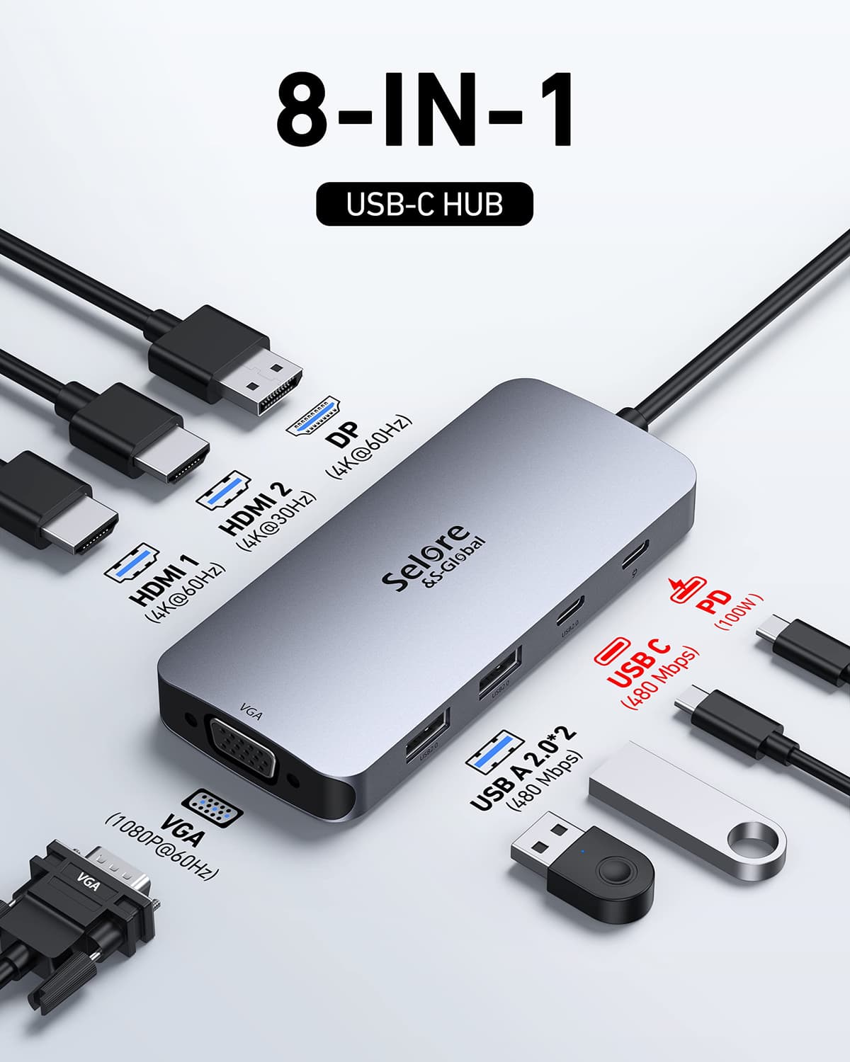 USB C Docking Station Dual Monitor 2 HDMI Multi monitor Laptop Dock USB C to Quad Monitor USBC Hub Multiport Adapter with 2 HDMI DP VGA PD 100W USB 2.0 for Dell HP Asus Microsoft — view 2