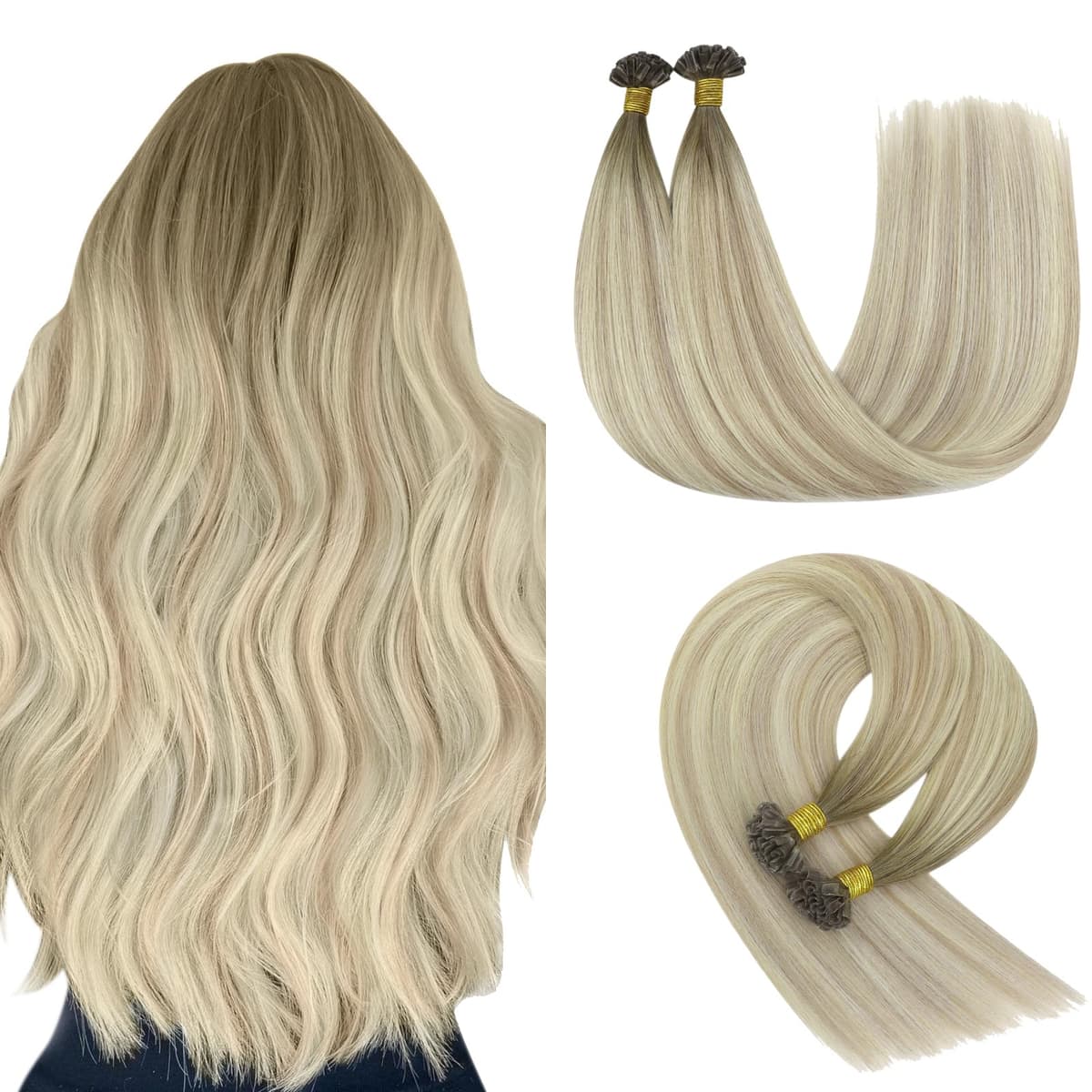 YoungSee Nano Hair Extensions Blonde 16inch Nano Beads Hair Extensions Warm Ash Blonde Highlight Bleach Blonde Nano Ring Hair Extension Highlight for School Soft Cold Fusion 50s 50g — view 35