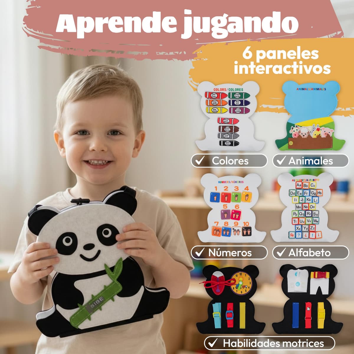 Busy Board Montessori +3 años de Fieltro - Busy Book Sensorial con Letras, Números y Animales - Juego Montessori 3 años con Habilidades de Motricidad Fina - Diseño Panda — view 2
