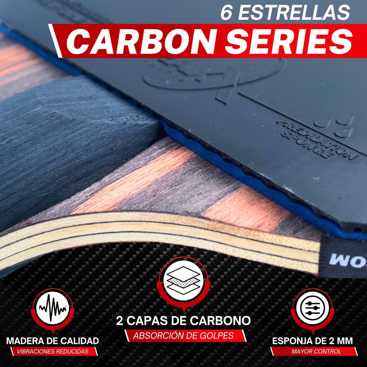 Pala Ping Pong Carbon | Raqueta de Carbono Profesional para un Control inigualable, Giro y Potencia, Ultra Ligera, Esponja de 2 mm y Revestimiento de Alto Rendimiento — view 2