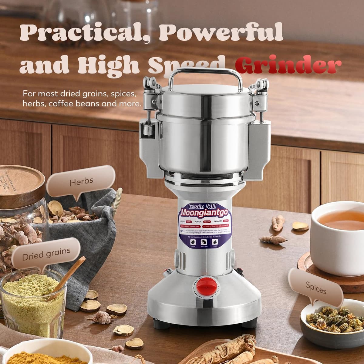 Moongiantgo Molino de Cereales Eléctrico 300g de Acero Inoxidable, 1500W 28000RPM Motor Comercial & 30s Molienda Superfina, Protección de Sobrecarga & Open-Cover-Stop, para Granos, Especias Y Más — view 2