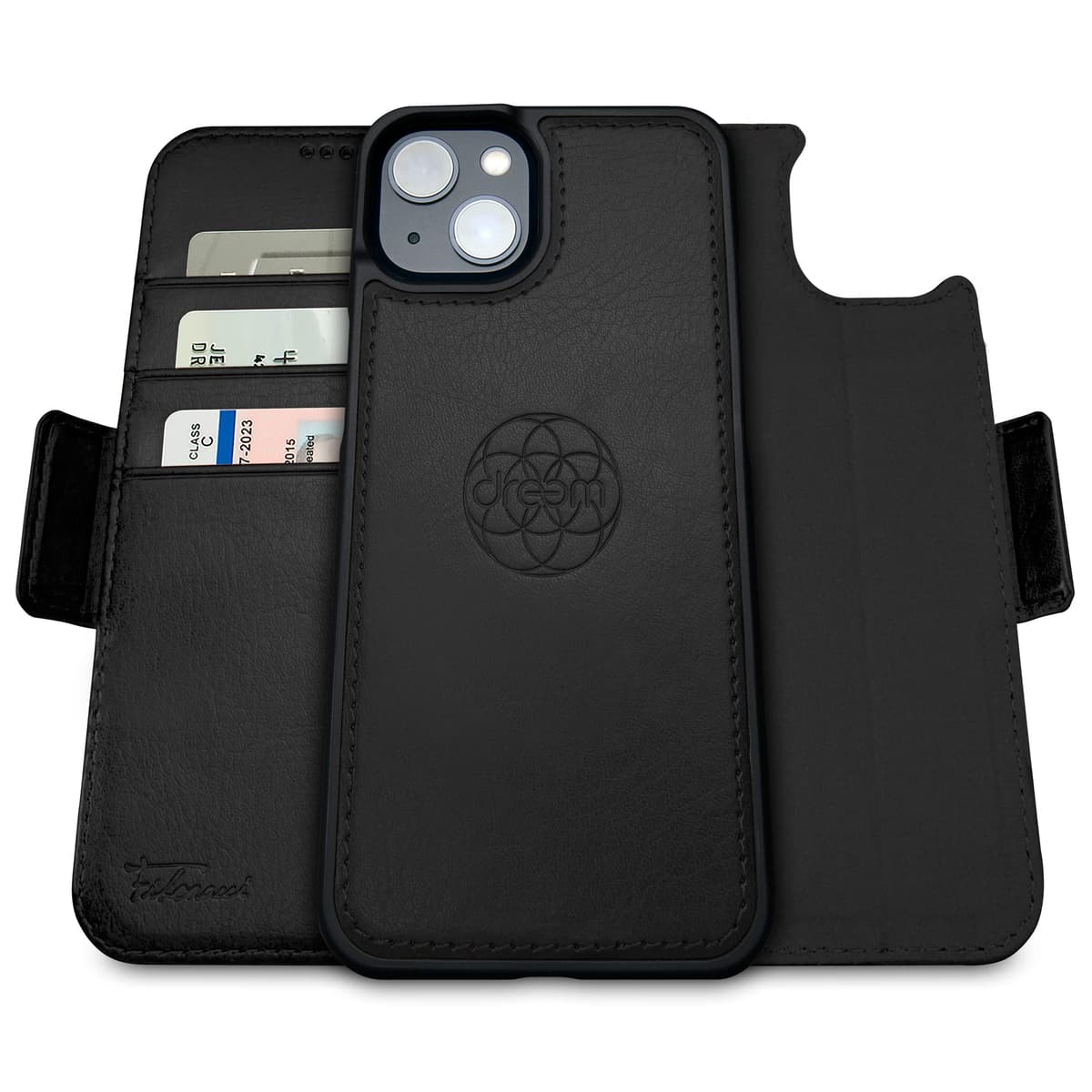 dreem 3-in-1 Wallet Case for iPhone 14/16e/17e | Built-In Kick-Stand, Magnetic Detachable Vegan Leather Flip Cover with RFID Blocking Card Holder, MagSafe Compatible, Gift Box [Fibonacci: Black]