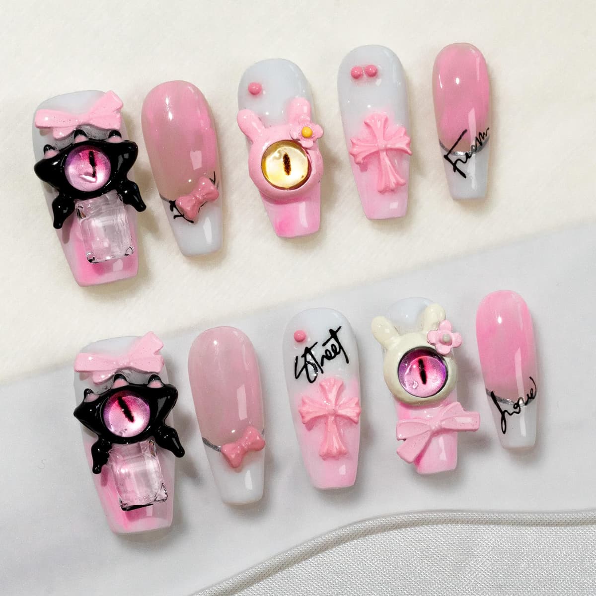 Sun&Beam Nails Handmade Press On Nail Long Coffin Ballerina Pink Flower Acrylic Fake Tip 3D Design Art Charms Cute with Storage Box 10 Pcs (S) — view 84