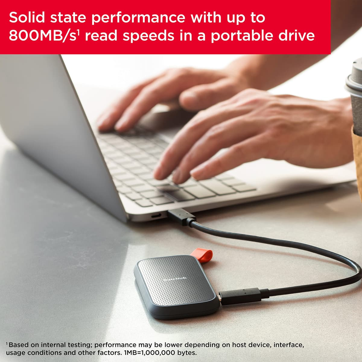 SANDISK Portable SSD 1TB (Read speeds up to 800 MB/s, USB 3.2 Gen 2, USB-C, NVMe Solid State Performance, Updated firmware, fastening loop made of durable rubber) Black — view 4