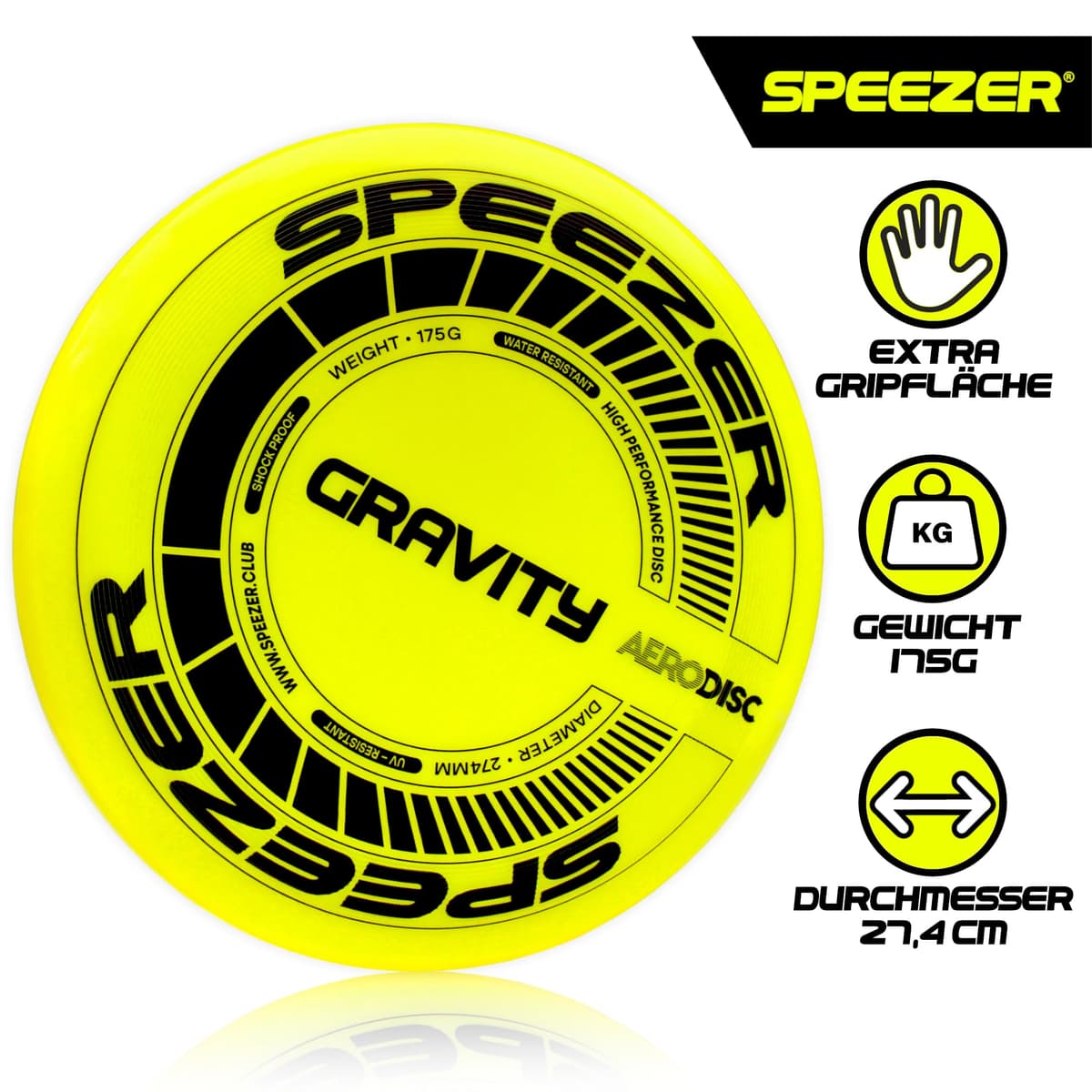 SPEEZER Frisbee Gravity 175 g – El disco de lanzamiento profesional amarillo neón es el juego divertido para deportes al aire libre – Disco de frisbee para niños y adultos – Ultimate Flying Disc — view 2