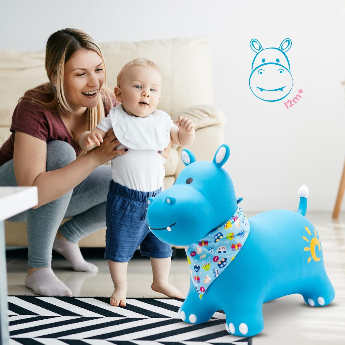 sun baby Saltador Hinchable para Niños hasta 45 Kg sin BPA, de 1 año, Pelotas saltarinas para niños (Hipopótamo Azul con pañuelo) — view 3