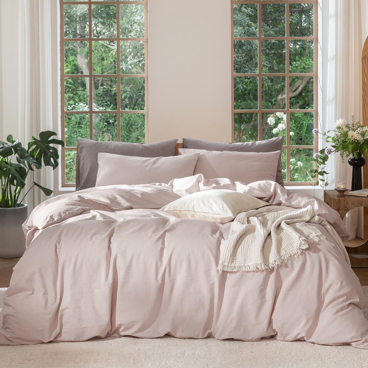 MooMee Bedding Duvet Cover Set 100% Washed Cotton Linen Like Textured Breathable Durable Soft Comfy (Tannish Linen Grey, King) — view 110