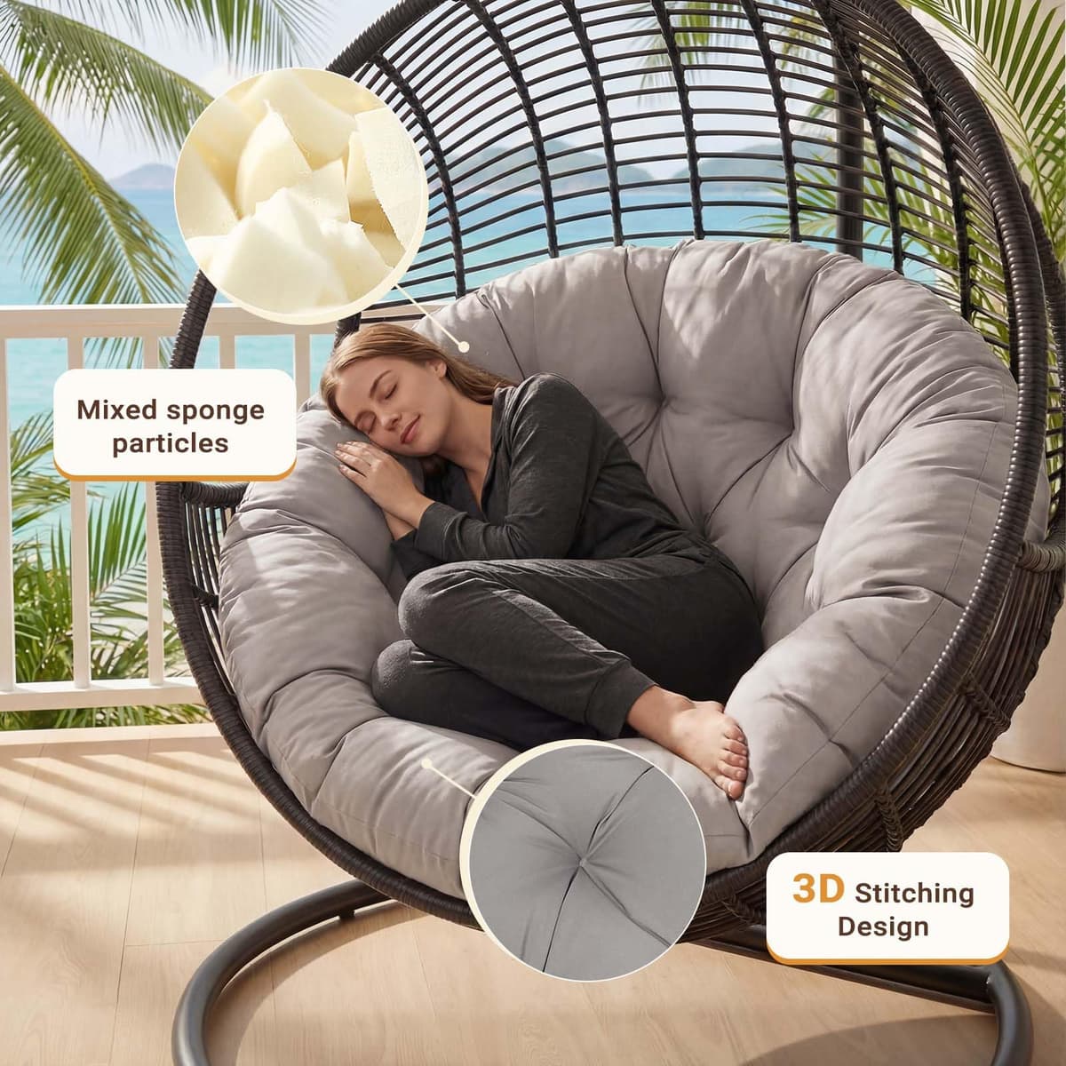 Papasan Chair Cushion Outdoor: Waterproof Egg Nest Replacement Breathable Hammocks Swing Seat Pad Round Soft Supportive Pillow for Indoor Garden (Light gray, 60cm) — view 3