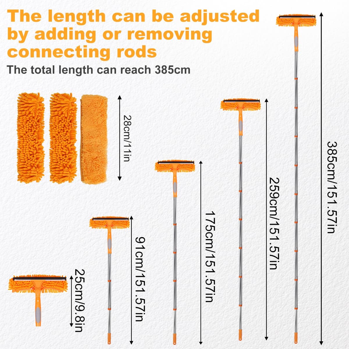 HA Bin Limpiacristales Profesional con Mango Extensible (400 CM), 2 en 1 Rasqueta de Silicona y Paño de Microfibra, Kit Limpiador de Cristales para Ventanas, Espejos, Coche, Ducha – Sin Rayas — view 3
