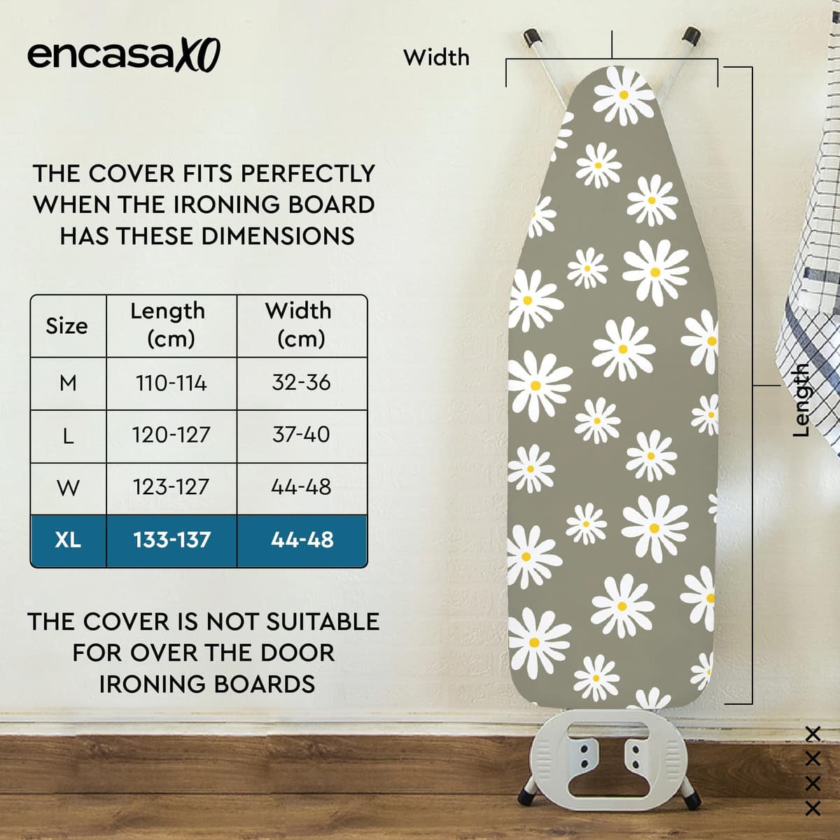 Encasa XO Ironing Board Covers and pad 135x45 cm- Thick 3mm Felt Padding, Drawstring Tightening & Lock, Heat Reflective, Scorch & Stain Resistant, for X-Large Ironing Board - Daisy Grey — view 2