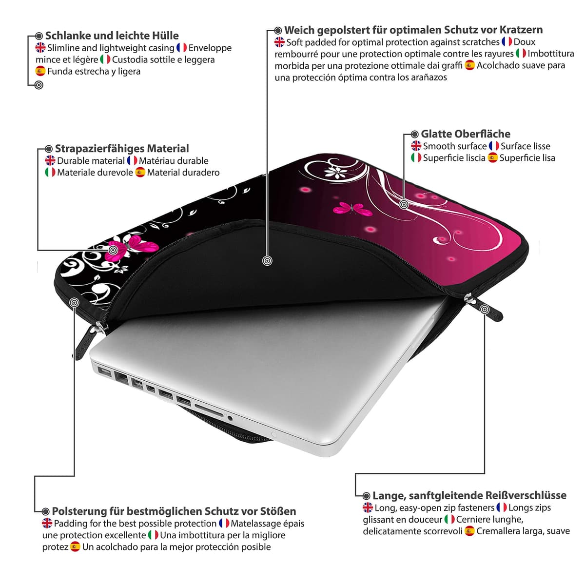 Pedea - Funda de Neopreno para Tablet o portátil (10,1"/25,6 cm), diseño de Mariposa, Color Rosa y Negro — view 4