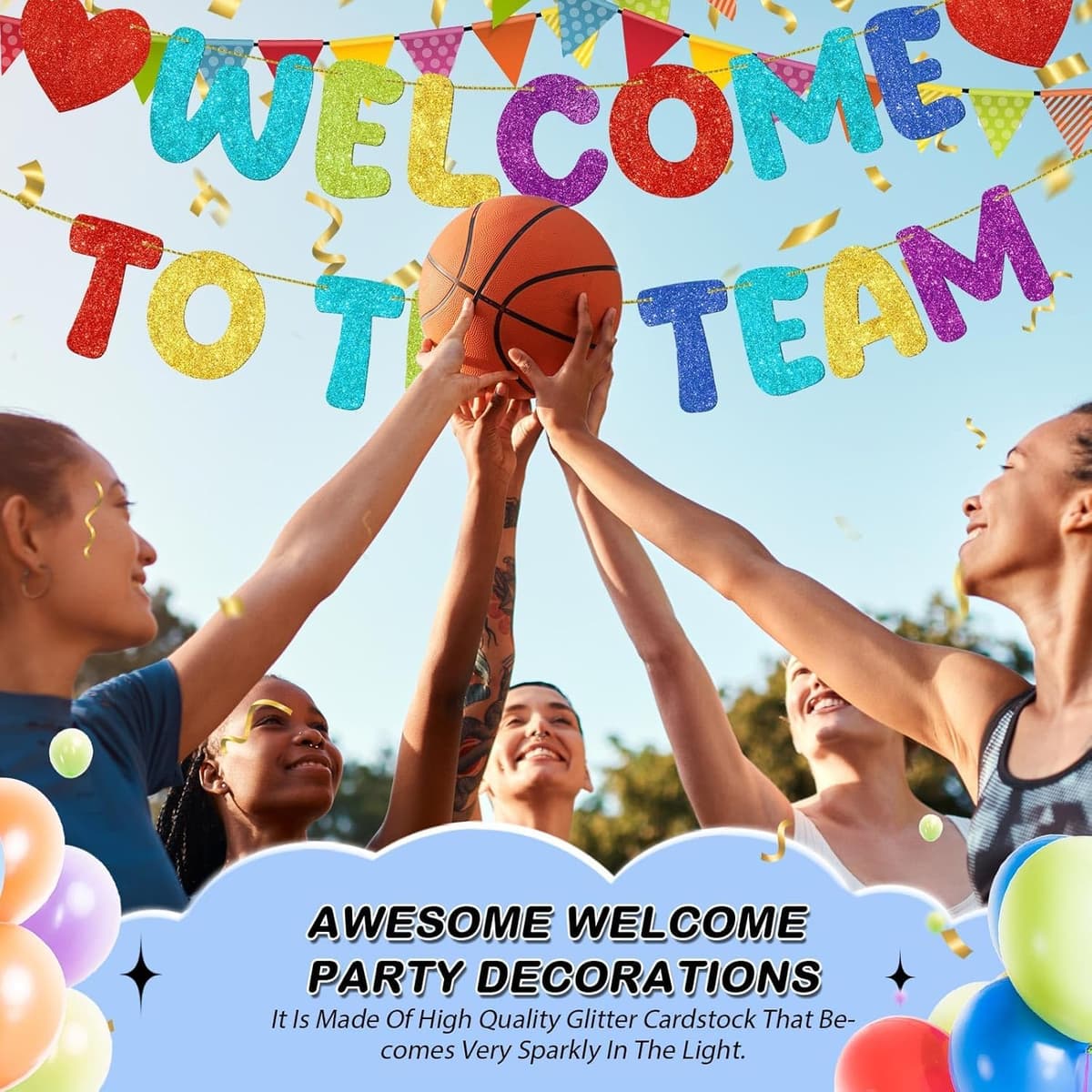 Pre Strung Welcome to The Team Banner with Two Heart Signs, NO DIY, Glitter Welcome Party Supplies for New Employee, Coworker, Colleague, Staff, Team Member Office Decorations (Colorful) — view 4