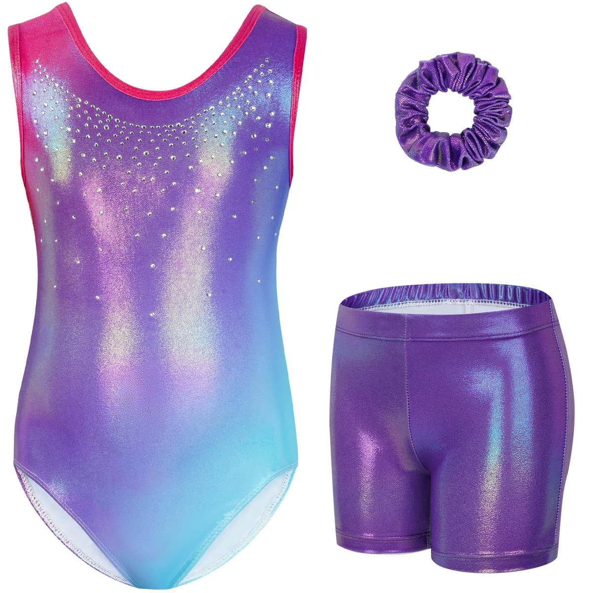 Gogokids Conjunto de gimnasia de tres piezas para niña, cuello en Y, sin mangas, con pantalones cortos y diadema, traje de gimnasia con diseño de bloques de color azul y morado, 3-12 años — view 20
