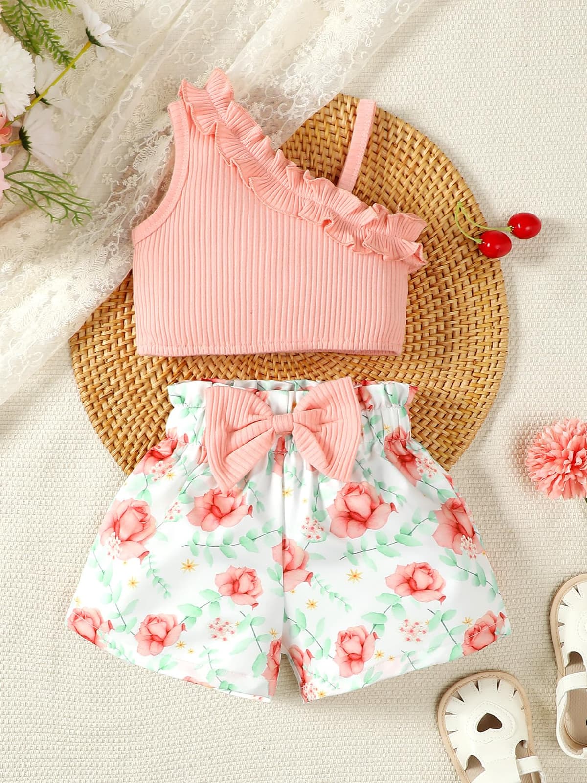 Conjunto de ropa de verano para bebé niña con volantes y un hombro descubierto, 2 piezas