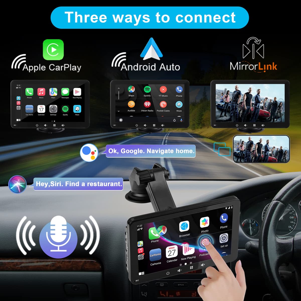 Portable Car Stereo,for Wireless Apple Carplay & Android Auto,7 Inch 1080P HD Touch Screen Radio with BT 5.0, Mirror Link Support Truck RV Dash Mount (7 inch) — view 4