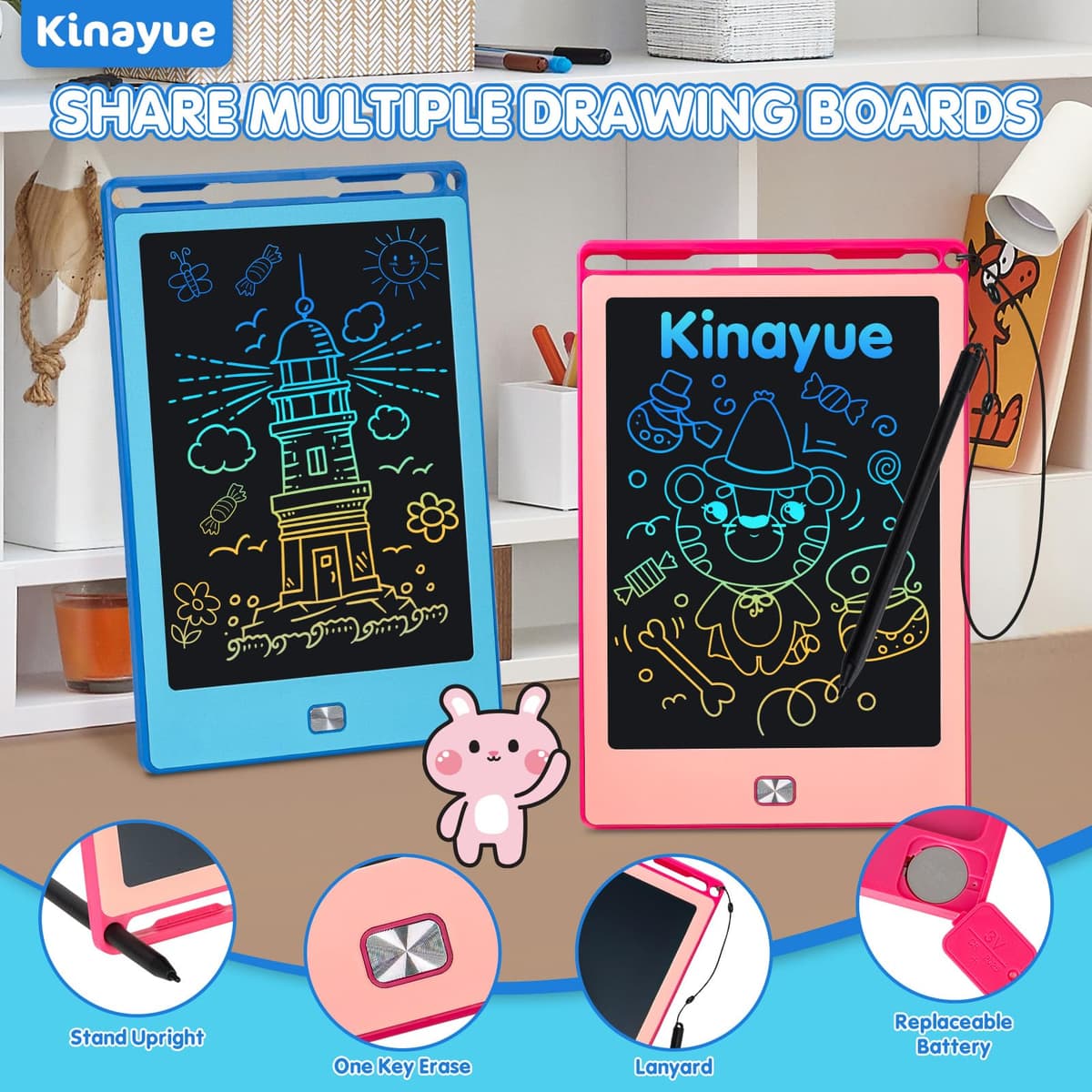 Kinayue Tableta Escritura Niños LCD 8,5 Pulgadas, Pizarra Magnetica Infantil Reutilizable, Juguete de Viaje de Aprendizaje Educativo, Regalo Cumpleaños Navidad, Tablet Dibujo Niños de 3 a 10 años — view 3