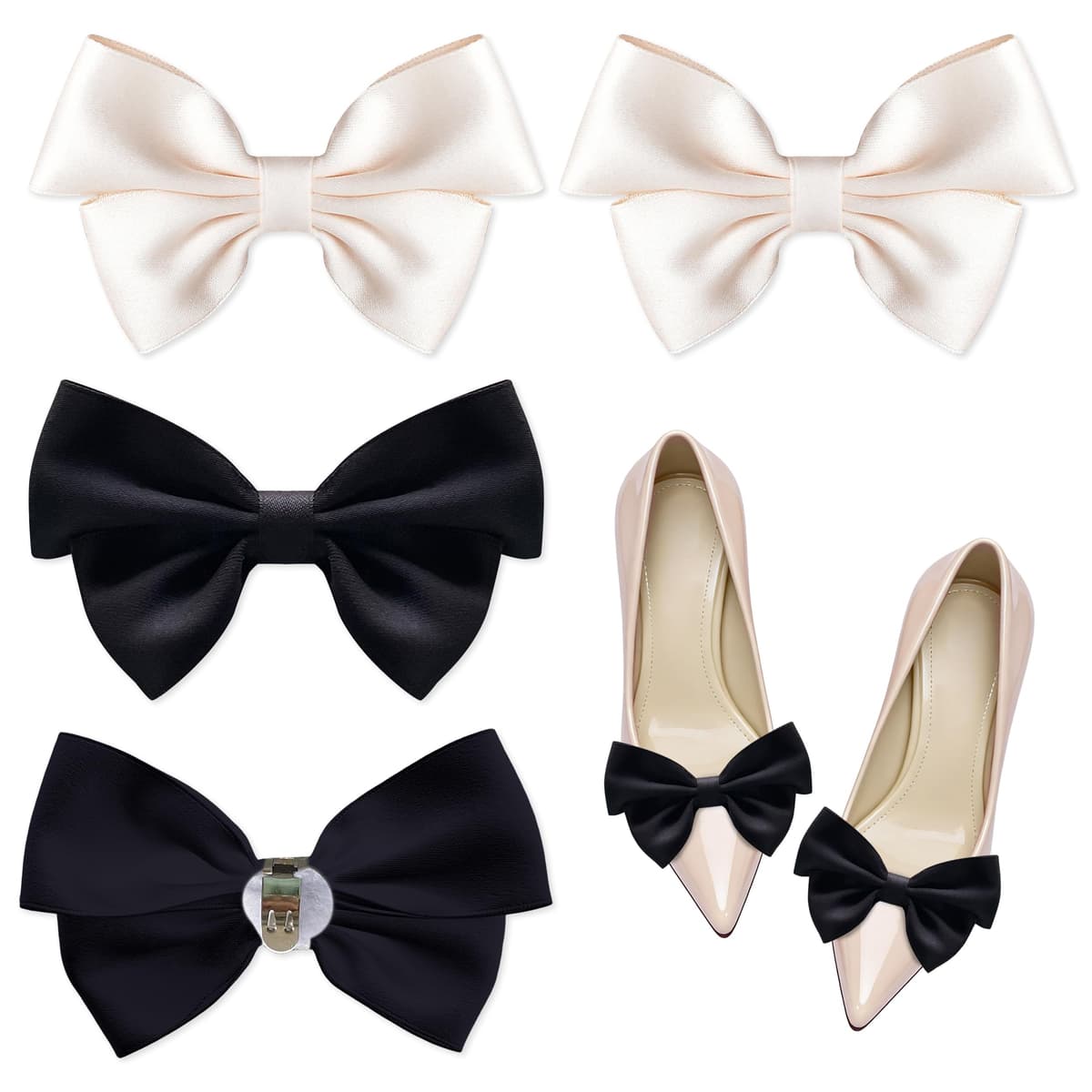 2 Pares Clips de Lazo para Zapatos, Negro Blanco Lazo Extraíble Clips para Zapatos Mujer, Clips de Satén Decorativos para Zapatos de fiestas Tacones Bailarinas Salones Ropa