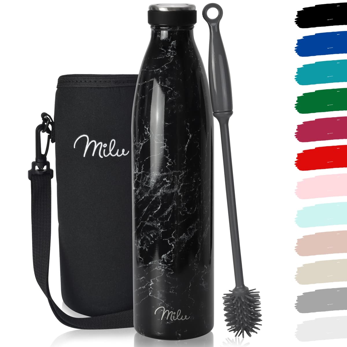 Milu Botella de acero inoxidable 350 ml, 500 ml, 750 ml, 1000 ml, botella de agua aislada, termo a prueba de fugas, apta para ácido carbónico, incluye cepillo de limpieza (granito, 750 ml)