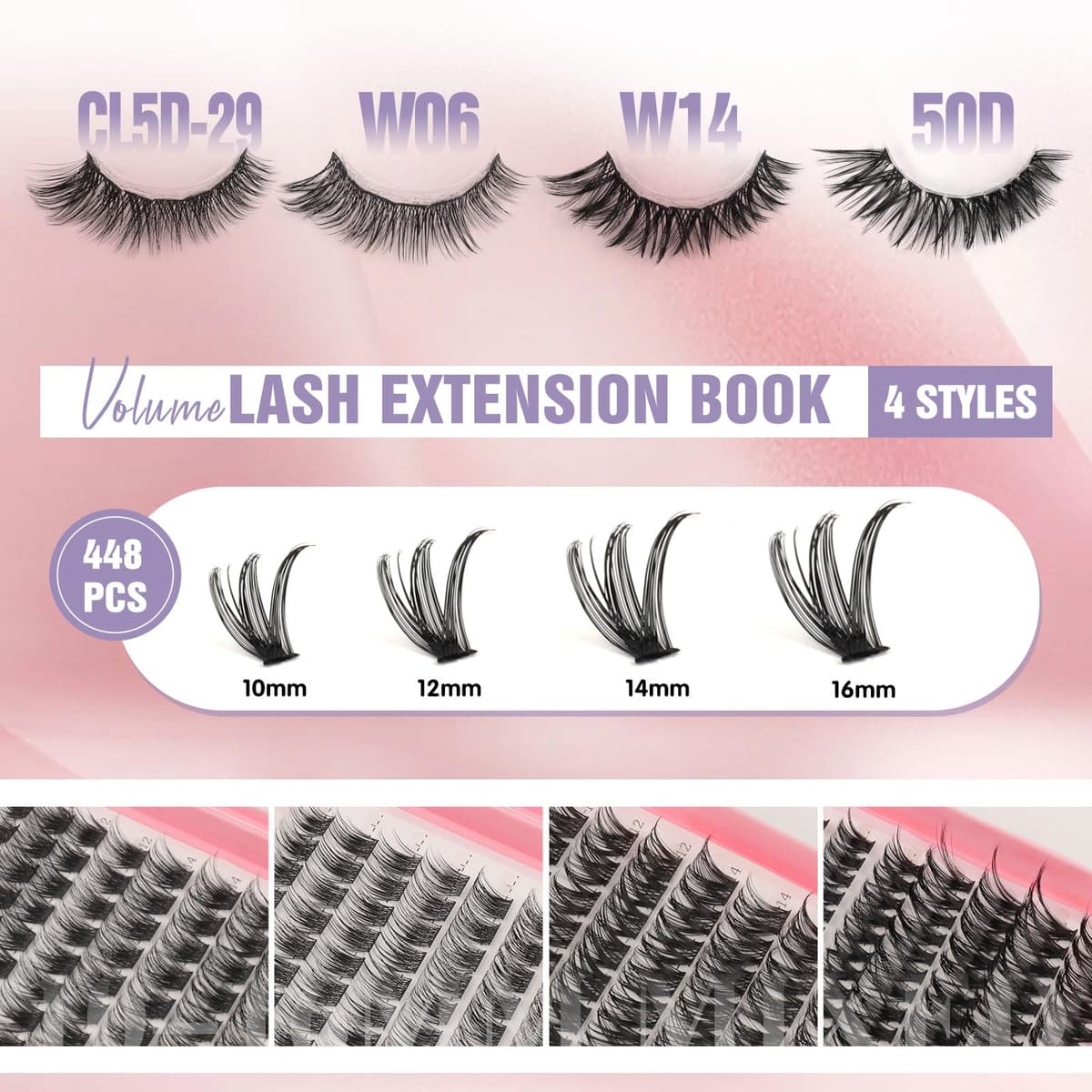 Sixstarhair Eyelashes Individual Kit Wispy Cluster Lashes with Lash Glue and Remover, Tweezers, Natural Individual Lashes Kit 448Pcs DIY Eyelash Extension Kit 4 Styles Lash Clusters Book 10-16mm — view 2