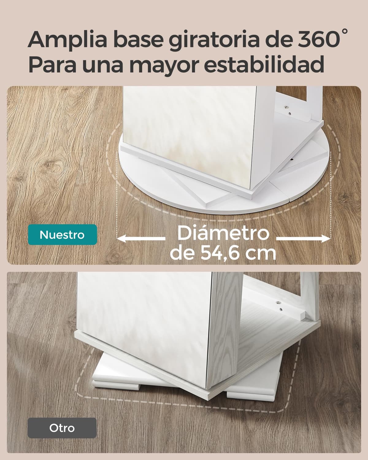SONGMICS Espejo Joyero con 6 LEDs, Armario de Joyas de Giro de 360°, Organizador de Joyas Giratorio, sin Marco, Espejo Completo con Almacenaje,dia de la madre,Superficie Blanco y Forro Negro JJC007W01 — view 7