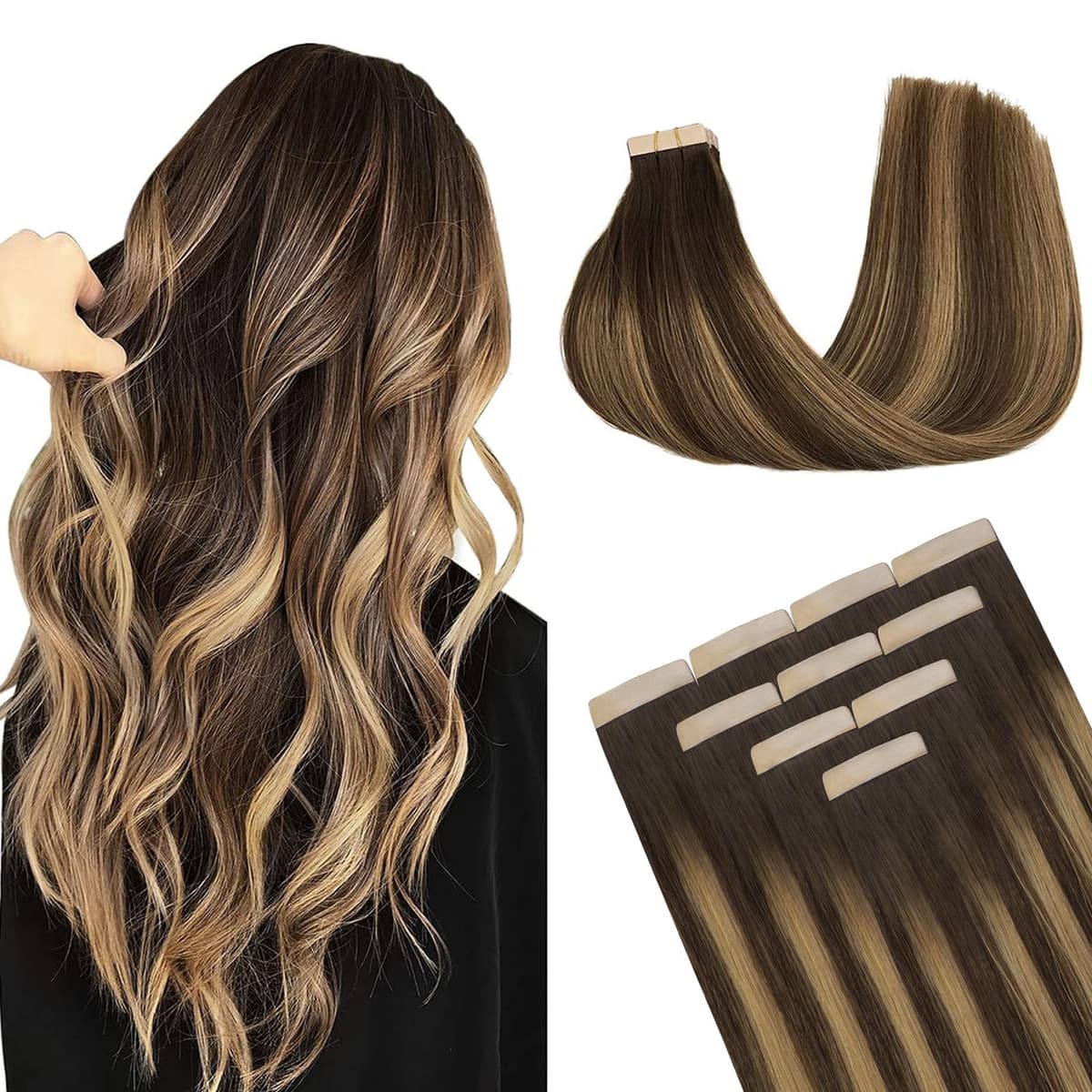 DOORES Tape in Hair Extensions Human Hair, Balayage Dark Brown to Chestnut Brown 50g 20pcs 18 Inch, Human Hair Extensions Natural Remy Straight Skin Weft — view 42
