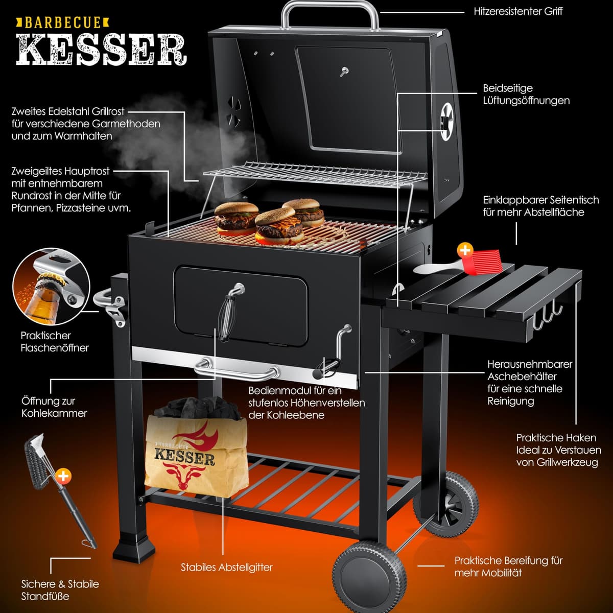 KESSER® Parilla de Carbón con Carrito Grill con Tapa, Ruedas, Mango de Acero Inoxidable | Barbacoa, Cepillo, Cubierta y Termómetro Carbón Wagen Grande BBQ Barbacoa Camping, Jardín XL Negro — view 3