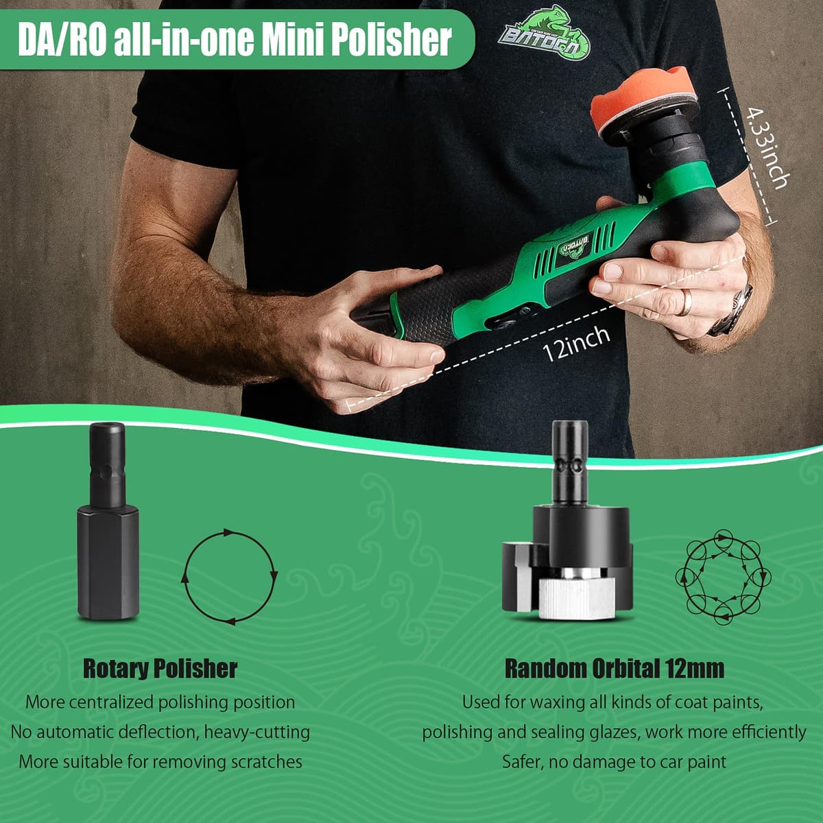 BATOCA S5 Cordless Mini Car Polisher Buffer Sander Dual Action & Rotary Polishing Machine 2X 12V Battery with 1" 3" Polishing Pads Kit for Car Motorcycle Detailing Polish Buffing 6-Speed 2000-5500RPM — view 4