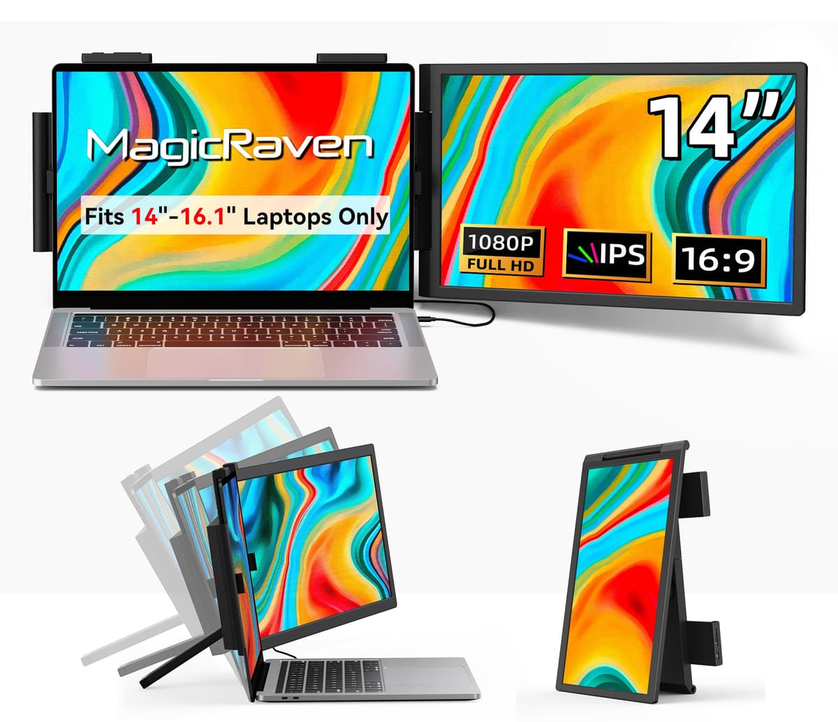 Laptop Screen Extender, 14" 1080P Portable Monitor, Type-C HDMI Plug and Play for 13.3" - 16.1" Laptops, 270° Rotation Attachment Display for Windows/MacOS/Chrome Laptop Phone