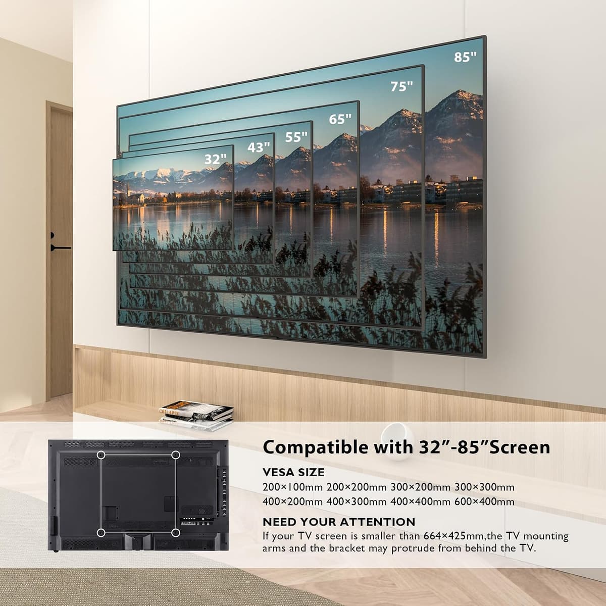 BONTEC TV Wall Bracket for 32-85 Inch LED LCD, Full Motion Swivel Tilt TV Wall Mount, Heavy Duty Dual Arms up to 60kg, Max VESA 600x400mm, Universal TV Mount with Bubble Level and Cable Ties — view 4