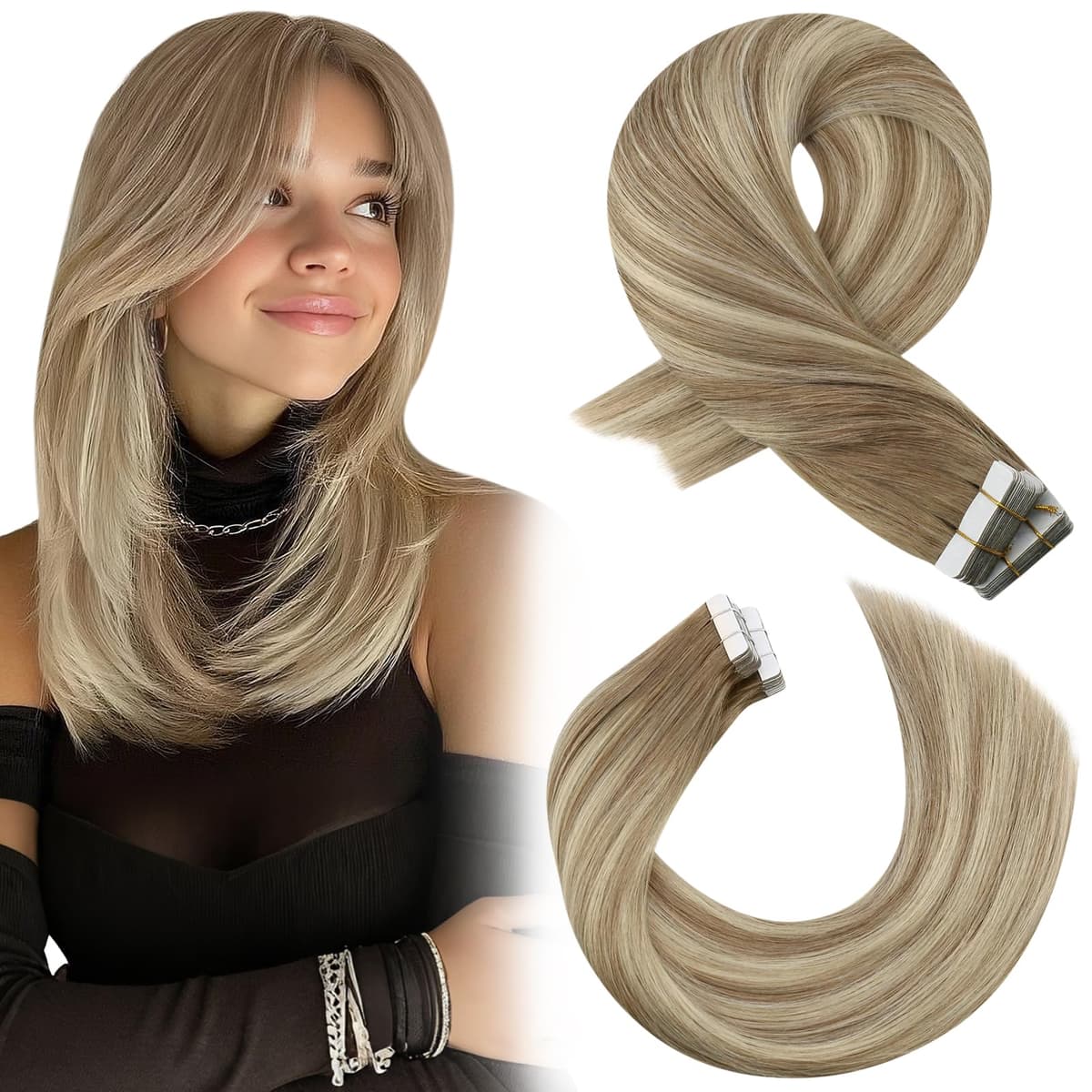 Moresoo Tape in Human Hair Extensions 20 Inch Highlight 50g/20pcs Tape in Hair Extensions Human Hair Ash Blonde with Platinum Blonde #P18/613 — view 38