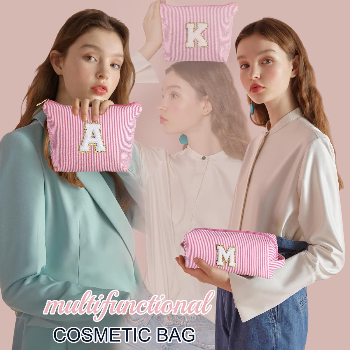 Parima Personalized Makeup Bag for Women - Cosmetic Bag Travel Toiletry Bags Brush Holder Birthday Gifts for Women Her Wedding Bridesmaid Friend Sister Teacher Wife Pink Initial A Personalised Gifts — view 2
