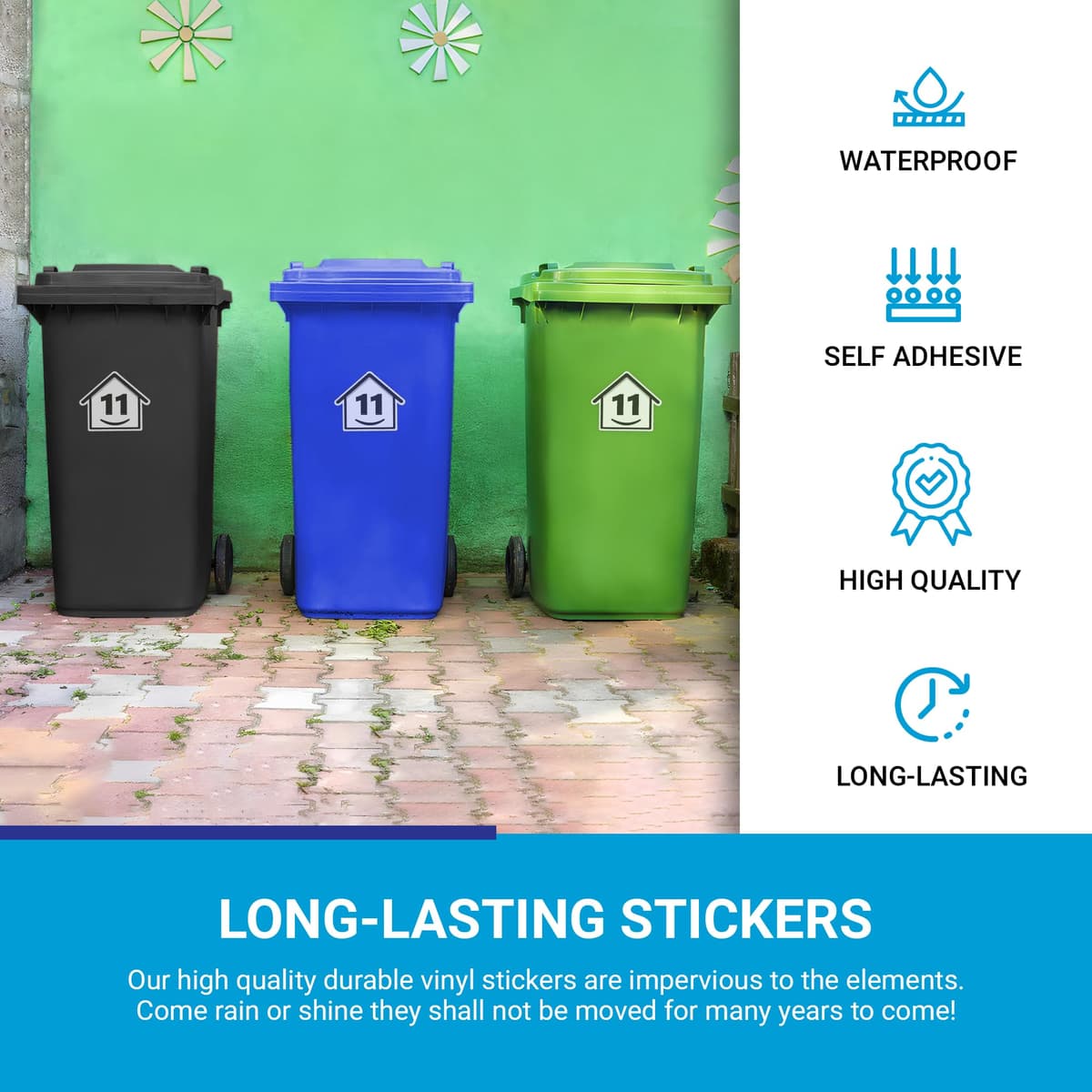 3 x Bin Numbers for Wheelie Bins, 1-99, 15cm ‘Happy House’ Design Dustbin Stickers, Easy Application Stick On Number Stickers - Weatherproof Self Adhesive Vinyl, Black (11) — view 5