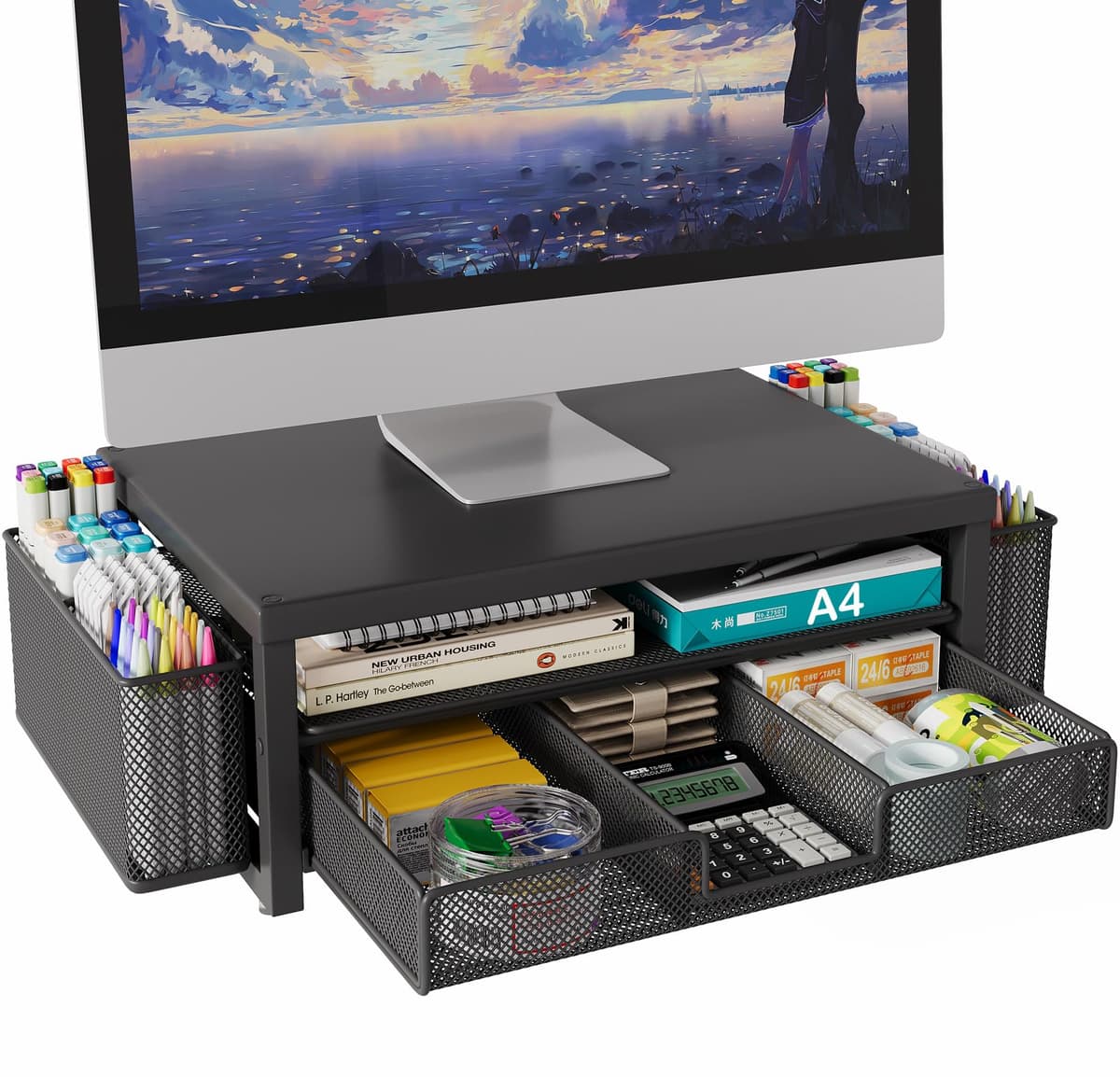 Metal Monitor Stand Riser with Drawer & 2 Pen Holders for Desk, Office Desk Accessories Organiser & Computer Screen Stand for Printer (Black)