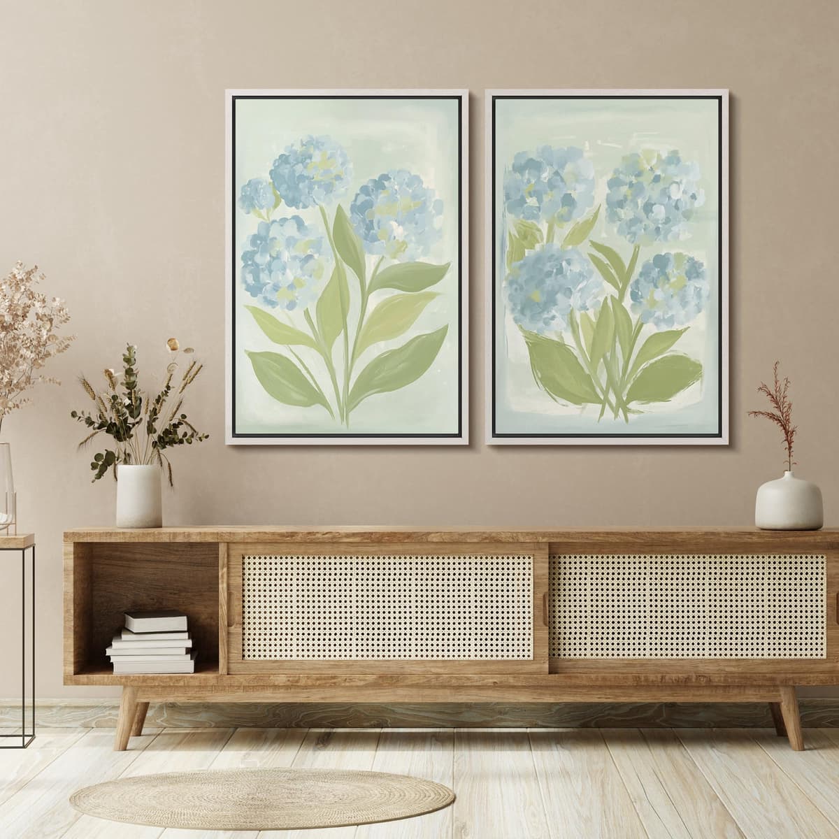 SIGNFORD Framed Canvas Print Wall Art Set Soft Hydrangea Pair Light Blue Florals with Green Leaves Illustration Modern Art Decorative Nordic Nature for Living Room, Bedroom, Office - 24"x36"x2 White — view 2