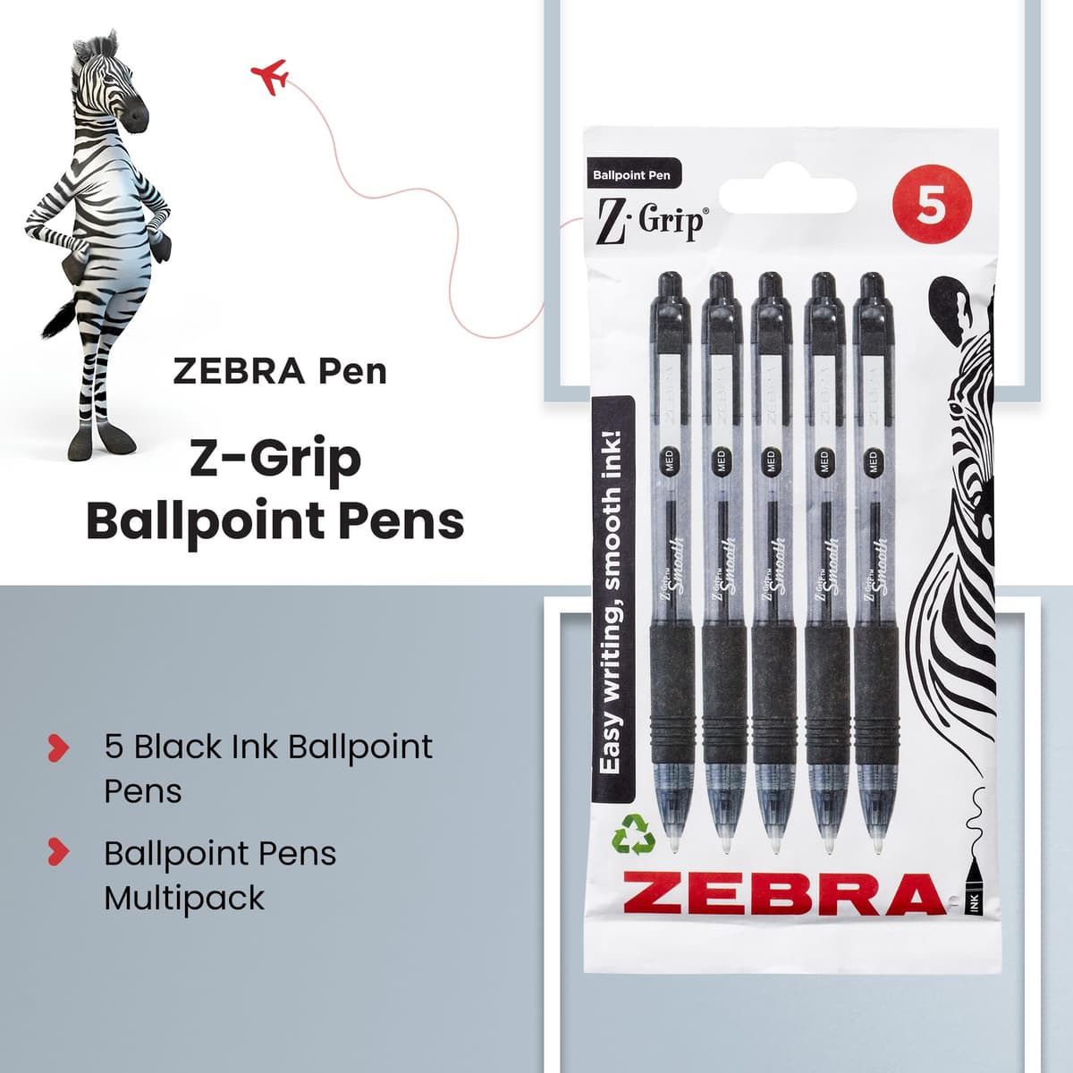 Zebra Pen Z Grip Black Ballpoint, Smooth & Comfortable Pens With Pocket Clip, Retractable Ballpoint, Reliable Black Biro Pens Multipack For Everyday Use - Black Ink, Medium Point — view 2