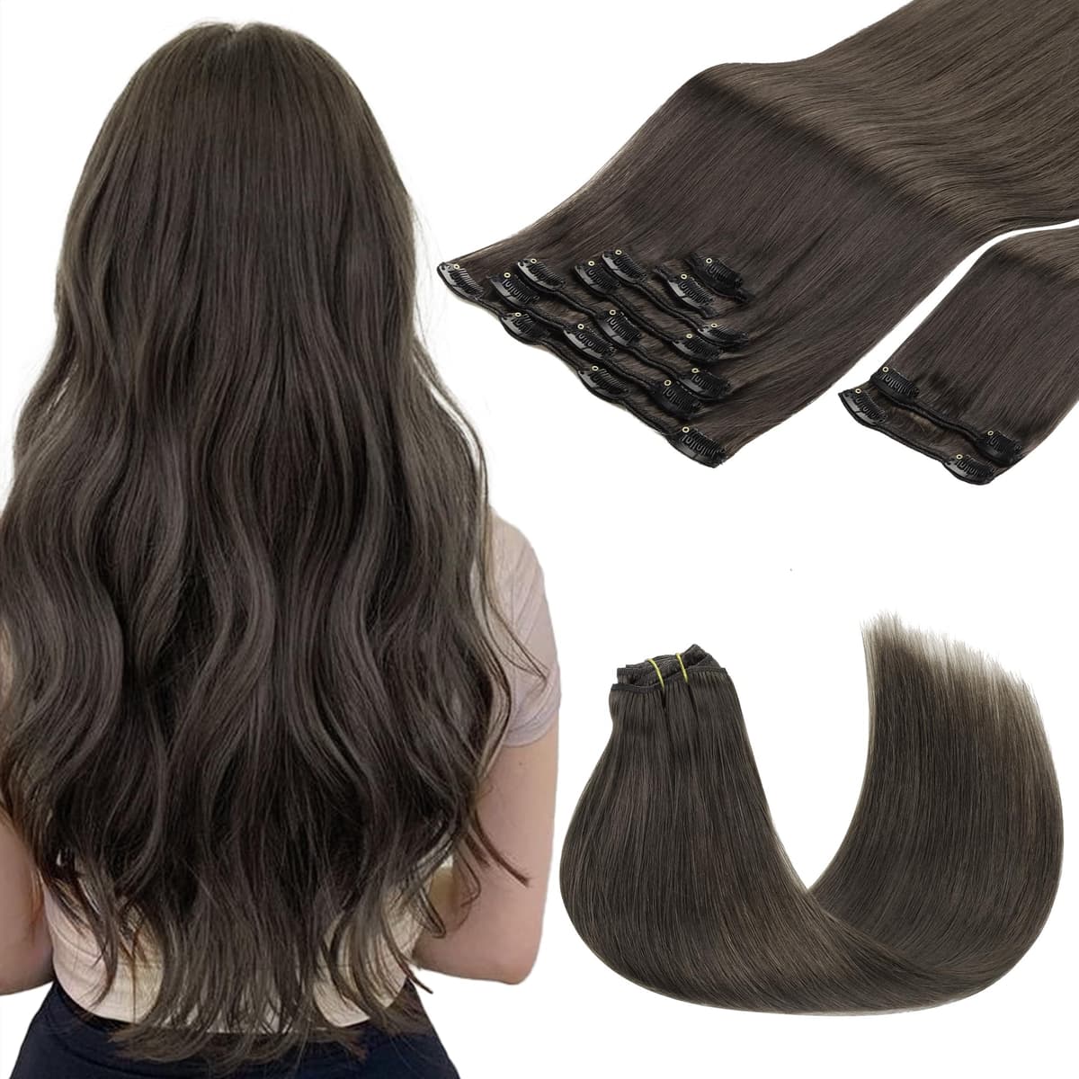 GOO GOO Clip in Hair Extensions Human Hair, 18inch 150g 9Pcs, #2 Dark Brown, Hair extensions for women, Human Hair Extensions Clip in — view 11