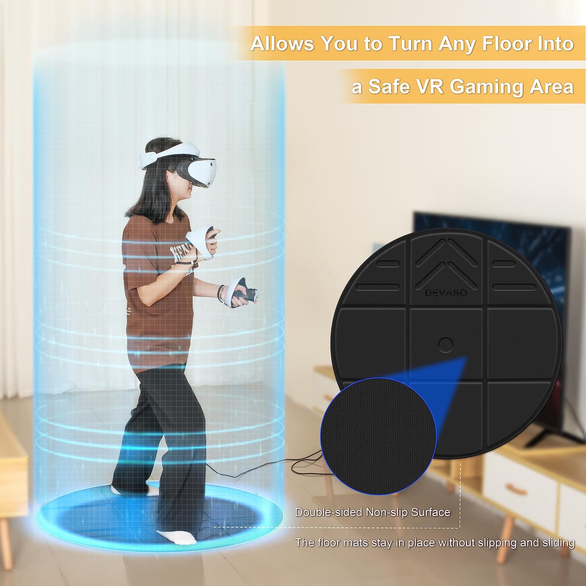DEVASO Foldable VR Mat for Meta Quest 3S, Round Anti Fatigue Mat, Non-Slip and Comfortable Floor Mat, Premium Game Accessories for PSVR2, Quest 3/Quest 2/Quest Pro — view 3