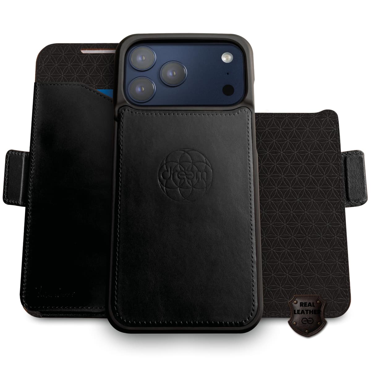 dreem Real Leather for iPhone 17 Pro Case Wallet, Revolutionary Phone Stand, MagSafe-Fit, Magnetic Detachable Flip Cover, RFID Blocking Card Holder, Gift-Box [Fibonacci:Black]