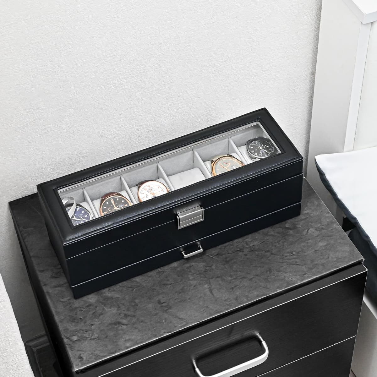ProCase Caja de Relojes de 6 Ranuras con Cajón, Funda Organizadora de Reloj de 2 capas con Tapa de Cristal, Estuche de Almacenamiento para Hombres y Mujeres -Negro — view 7