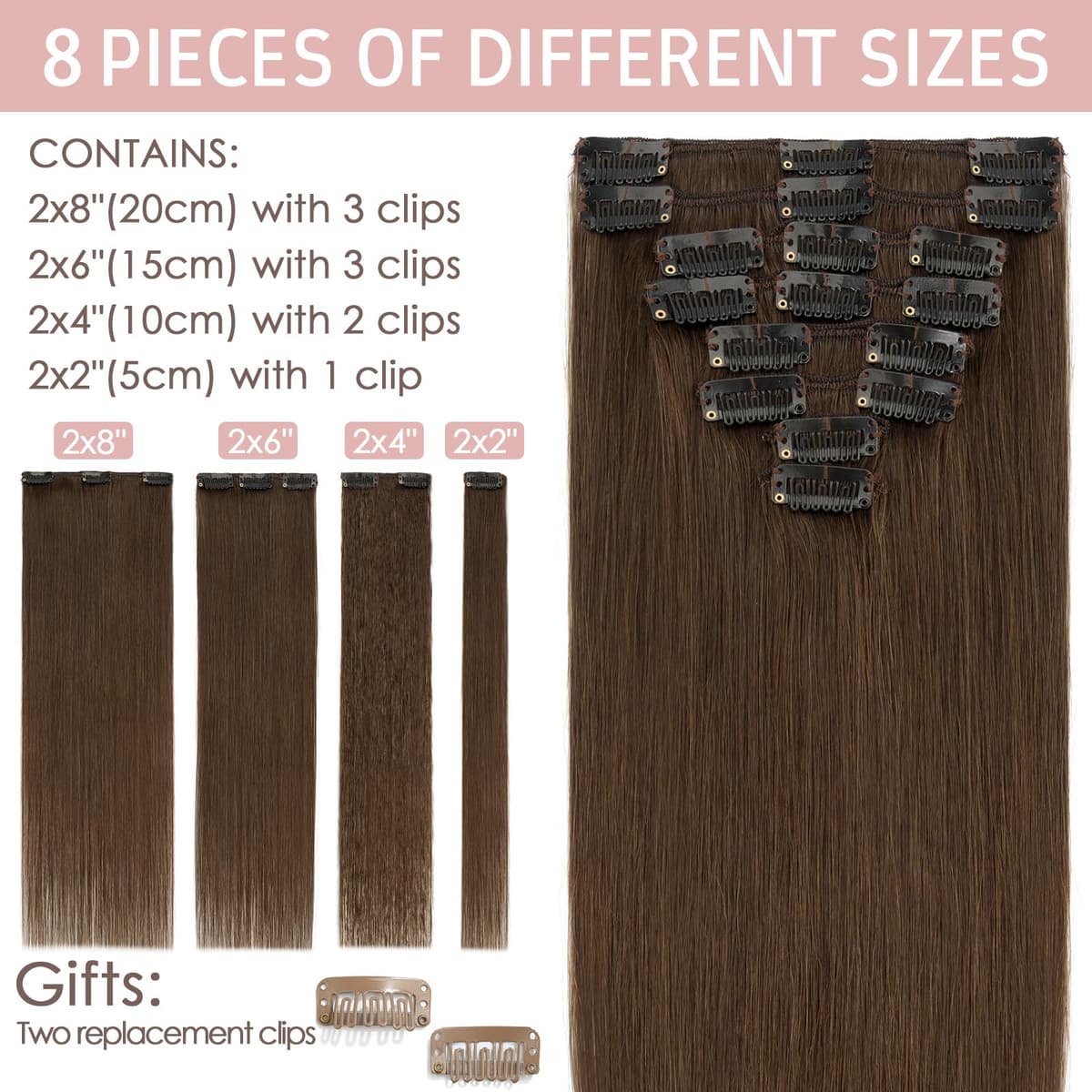 Silk-co 10inch Hair Extensions Clip in Hair Extension Human Hair #04 Medium Brown -Basic Thickness-Thin Weft- 8 Pieces Real Remy Straight Hair Extensions[50g] — view 18