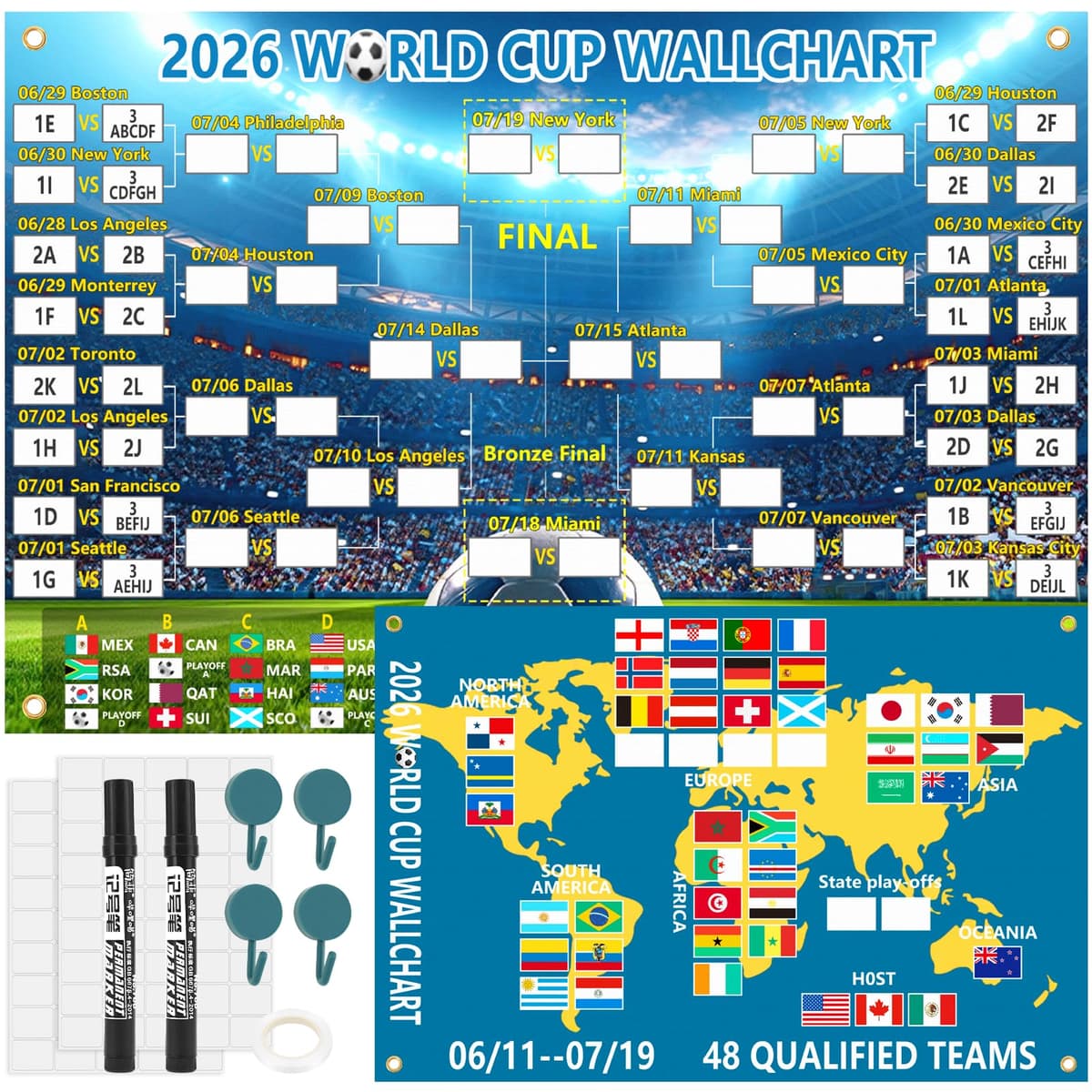 World Cup 2026 Wall Chart 90x60CM & Final Round 48-Team Collection Showcase,2-in-1 World Cup Matches Poster,World Cup Football Wall chart 2026 Gifts for Football Fans