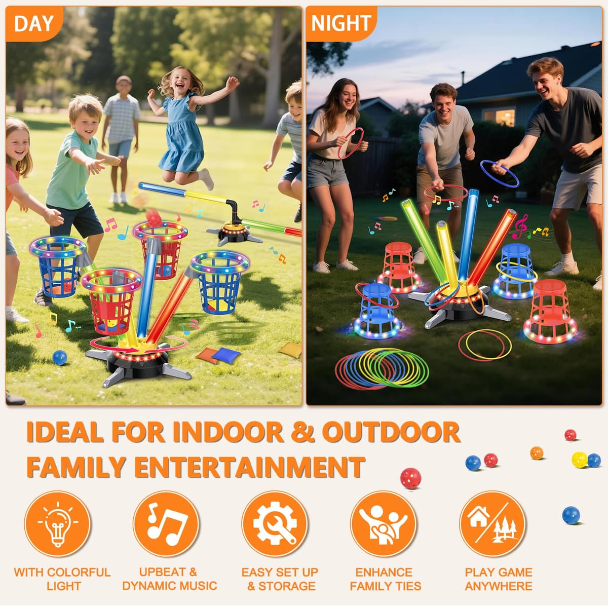 TERRAMUS 3 in 1 Bean Bag Ring Toss Game for Kids, Rechargeable Musical Jumping Games w/LED Light & Remote, Electric Spinning Base, Sandbags, Rings, Carnival Indoor Outdoor Sport Toy for 3+ Boys Girls — view 5