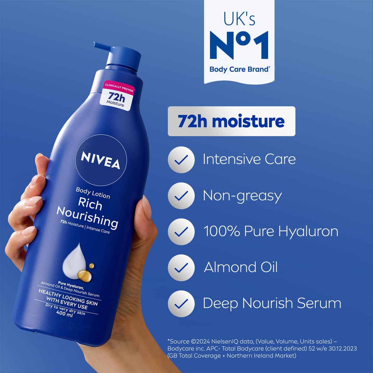 NIVEA Rich Nourishing Body Lotion (400ml), Rich 72H Hydration Moisturiser for Dry Skin Made with Deep Moisture Serum and Almond Oil, Intensive Hydration Body Lotion — view 2