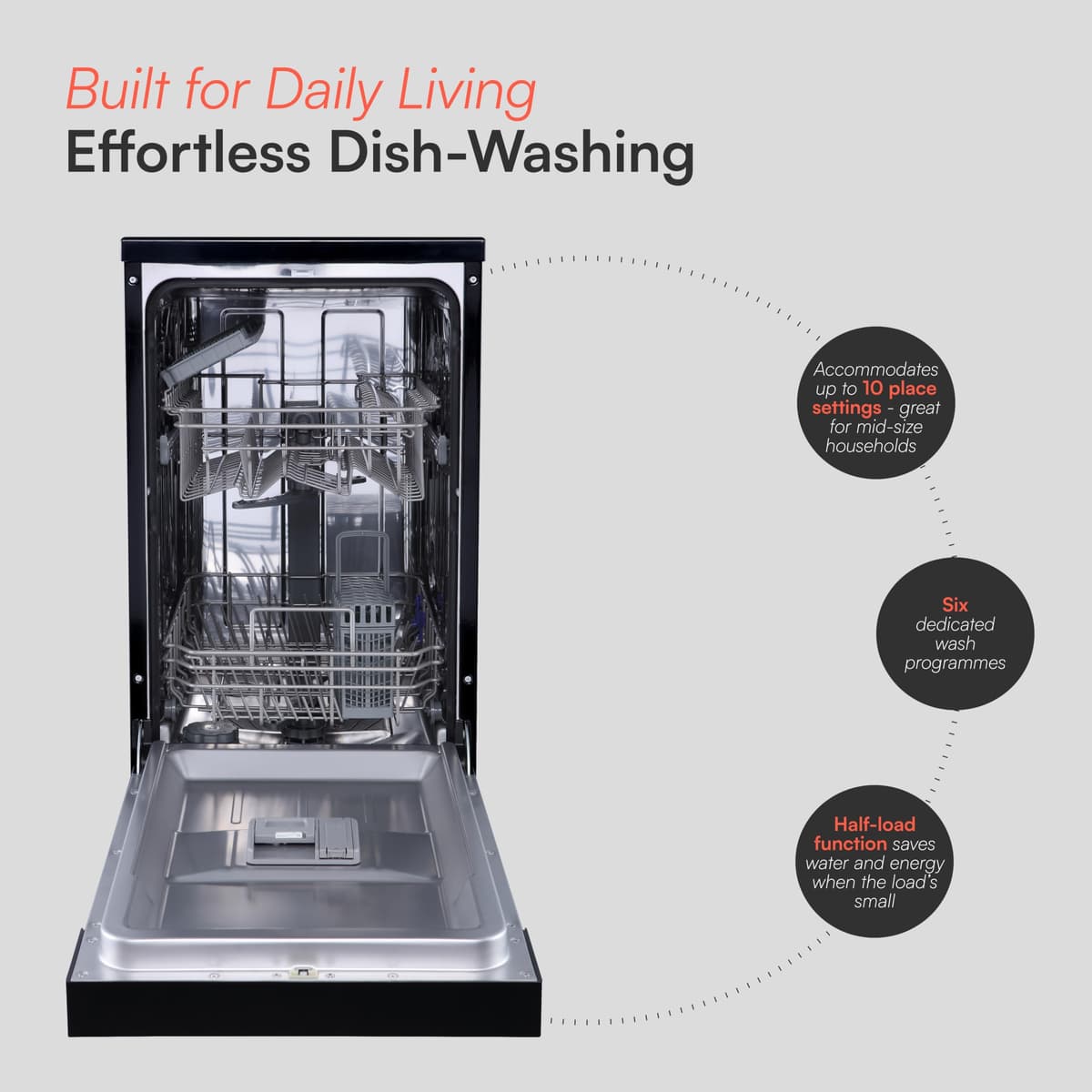 Cookology CFSD4510 Slimline Freestanding Dishwasher in Black - 45cm Width - Compact Design - 10 Place Settings - 6 Wash Cycles - LED Control Panel - 8 Hour Delay Timer - Ideal for Small Families — view 3