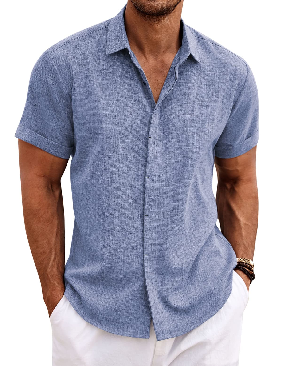COOFANDY Men's Linen Shirts Short Sleeve Casual Shirts Button Down Shirt for Men Beach Summer Wedding Shirt — view 38