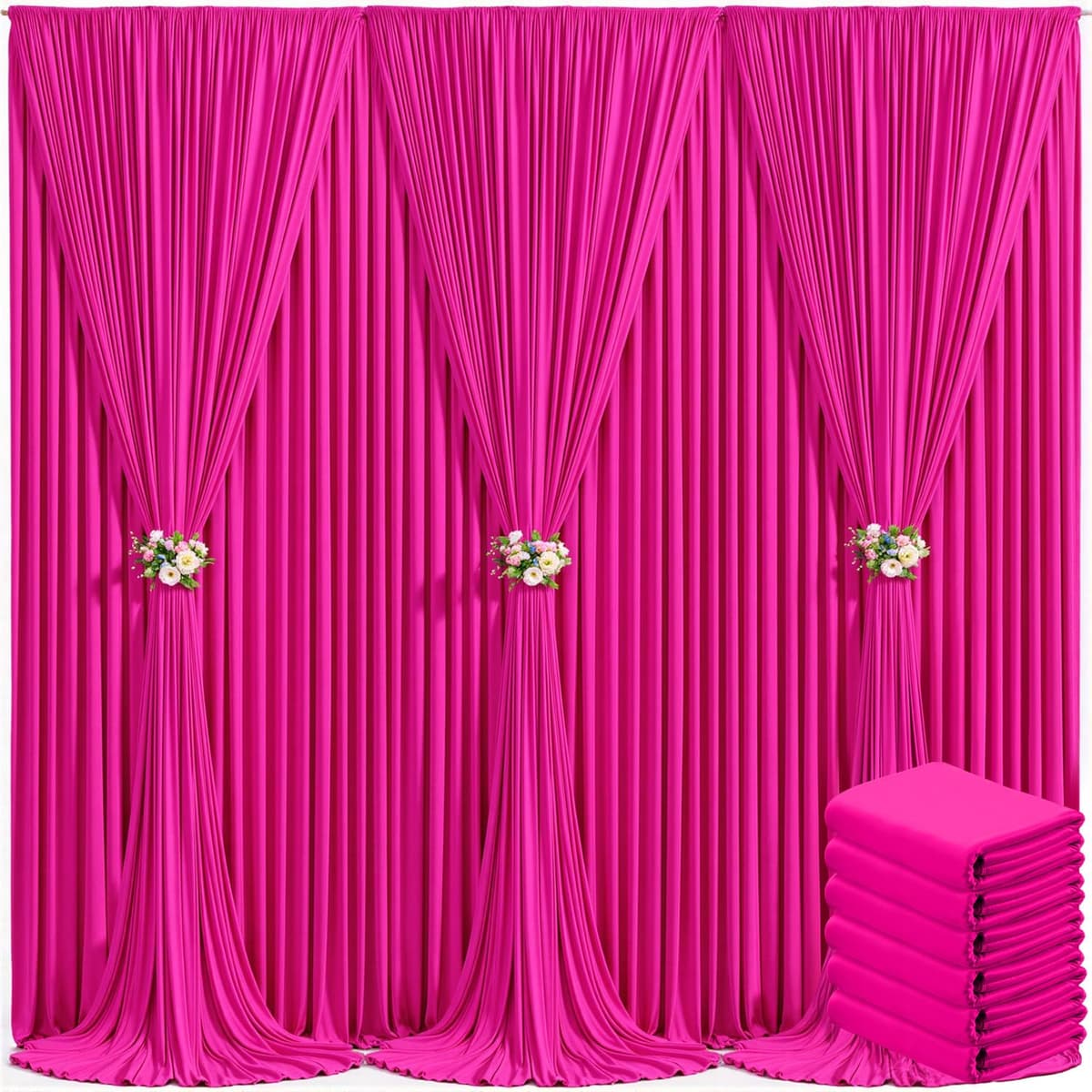 Suppromo 6 Panels Hot Pink Backdrop Curtain for Parties Fuchsia Wrinkle Free 30ft x 10ft Backdrop Drapes Panels for Baby Shower Birthday Photo Photography Fabric Background Decoration