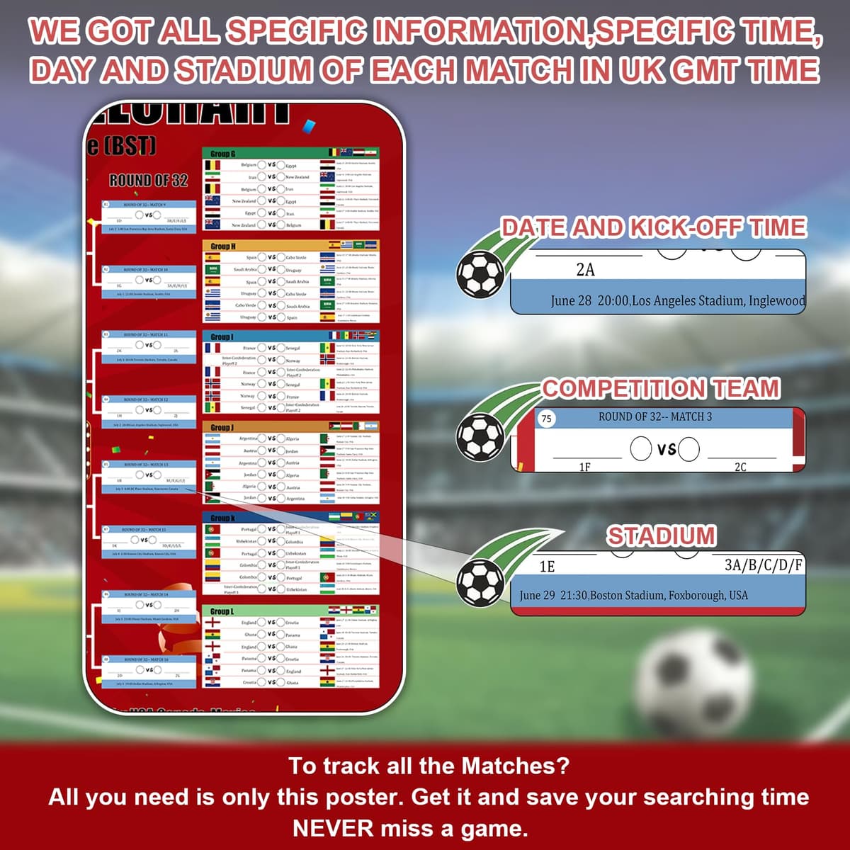 Flankor Extra Large World Cup Wall Chart 2026, 100×70cm World Cup Football 2026 Schedule Poster, Football Party Decorations for Home Office Bar Club Decorations Great Gifts for Soccer Fans — view 5