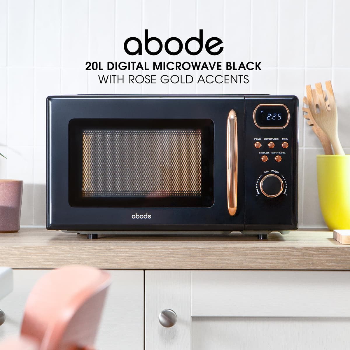 Abode Retro Microwave 20 Litre Black with Rose Gold Accent Digital 800W, Mirror Finish, 8 Auto Cook Settings & Defrost, 5 Power Levels AMD2004BRG — view 4