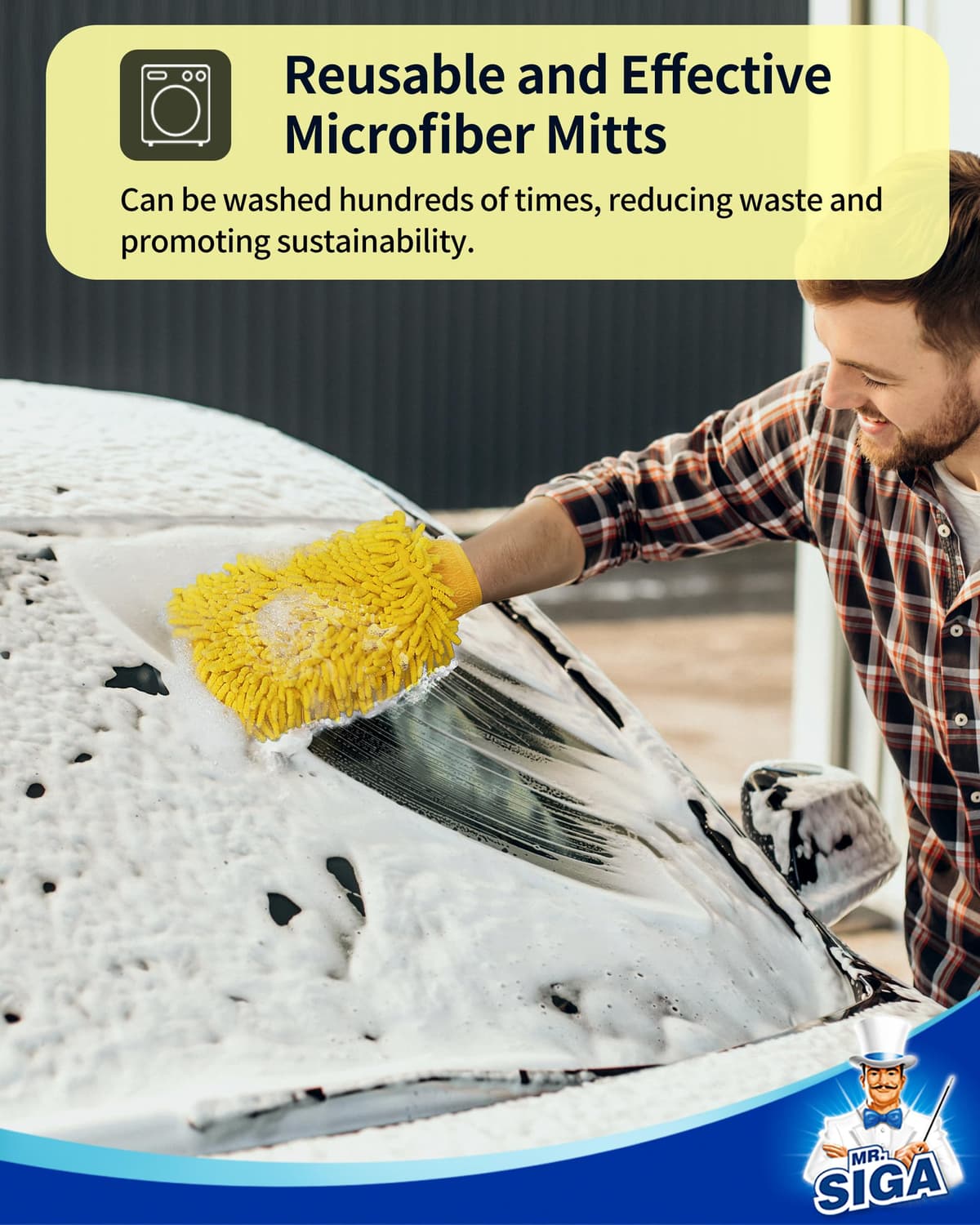 MR.SIGA Microfiber Car Wash Mitt, Pack of 2, Blue & Yellow — view 3